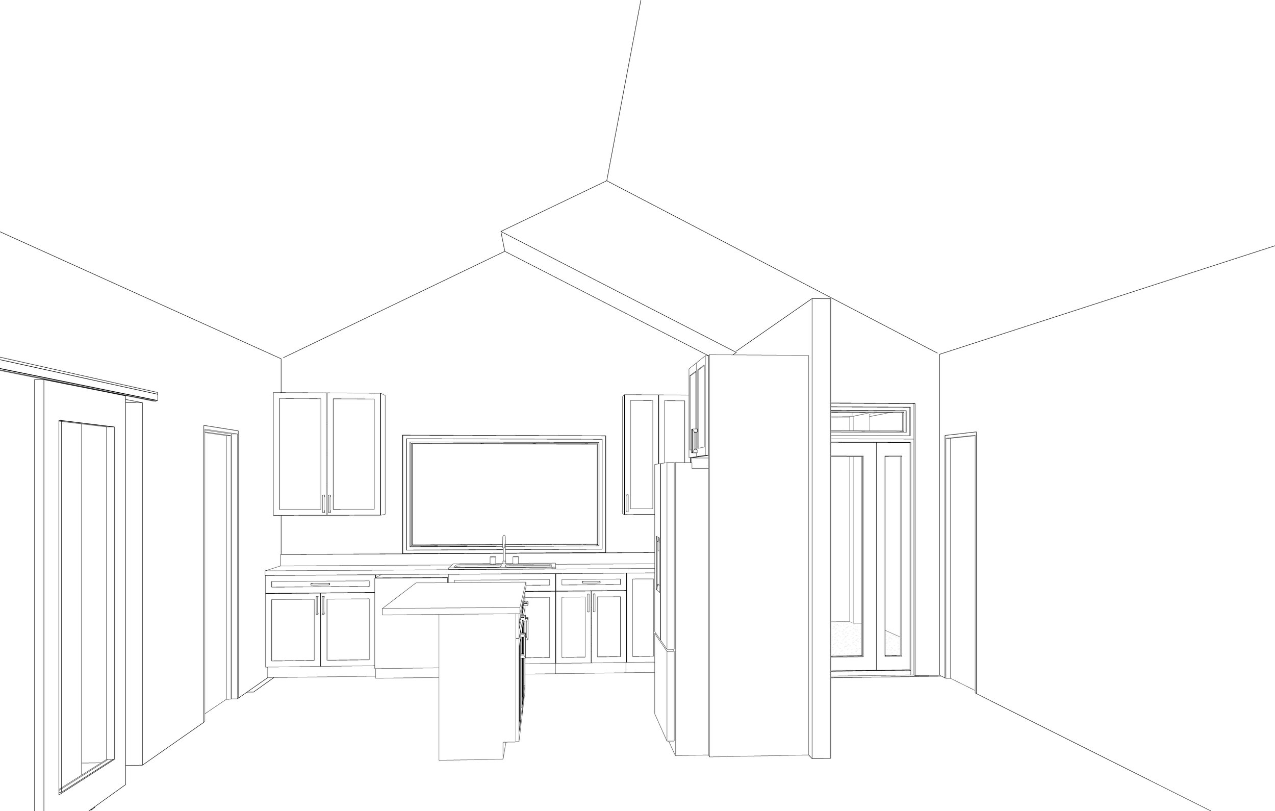 Line drawing of a kitchen with cabinets, a sink, and window above the counter.