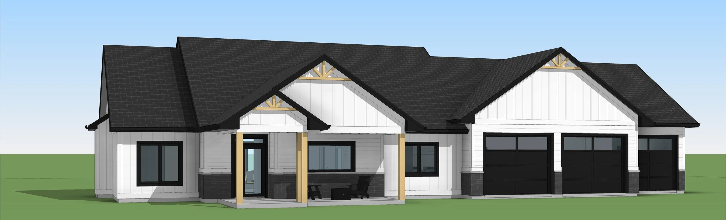 A modern suburban house with a gable roof, black shingles, white siding, black garage doors, three windows, and a front porch with two wooden posts and outdoor furniture.