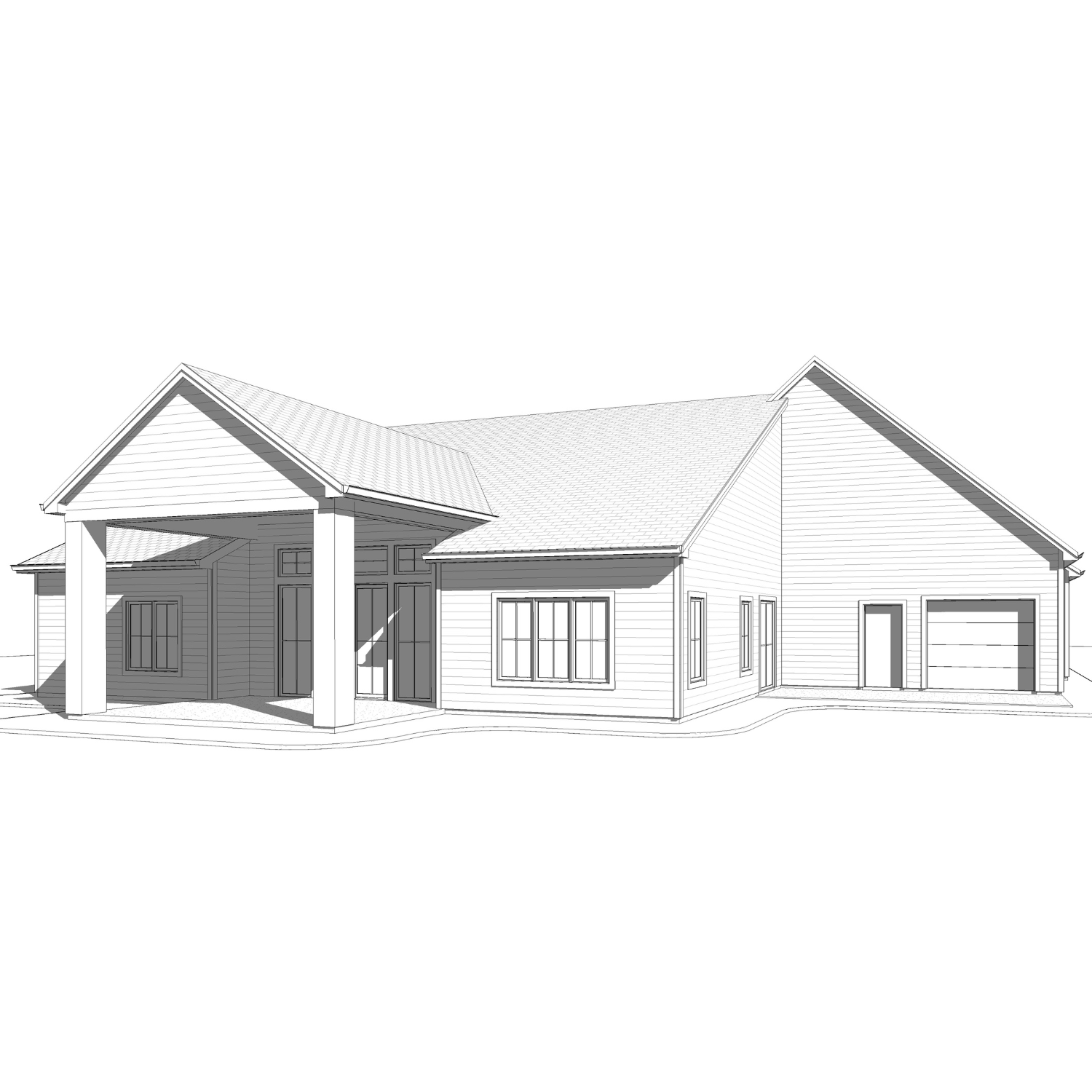 Black and white line drawing of a modern house with a gable roof, multiple windows, a front porch with large columns, and a garage door.