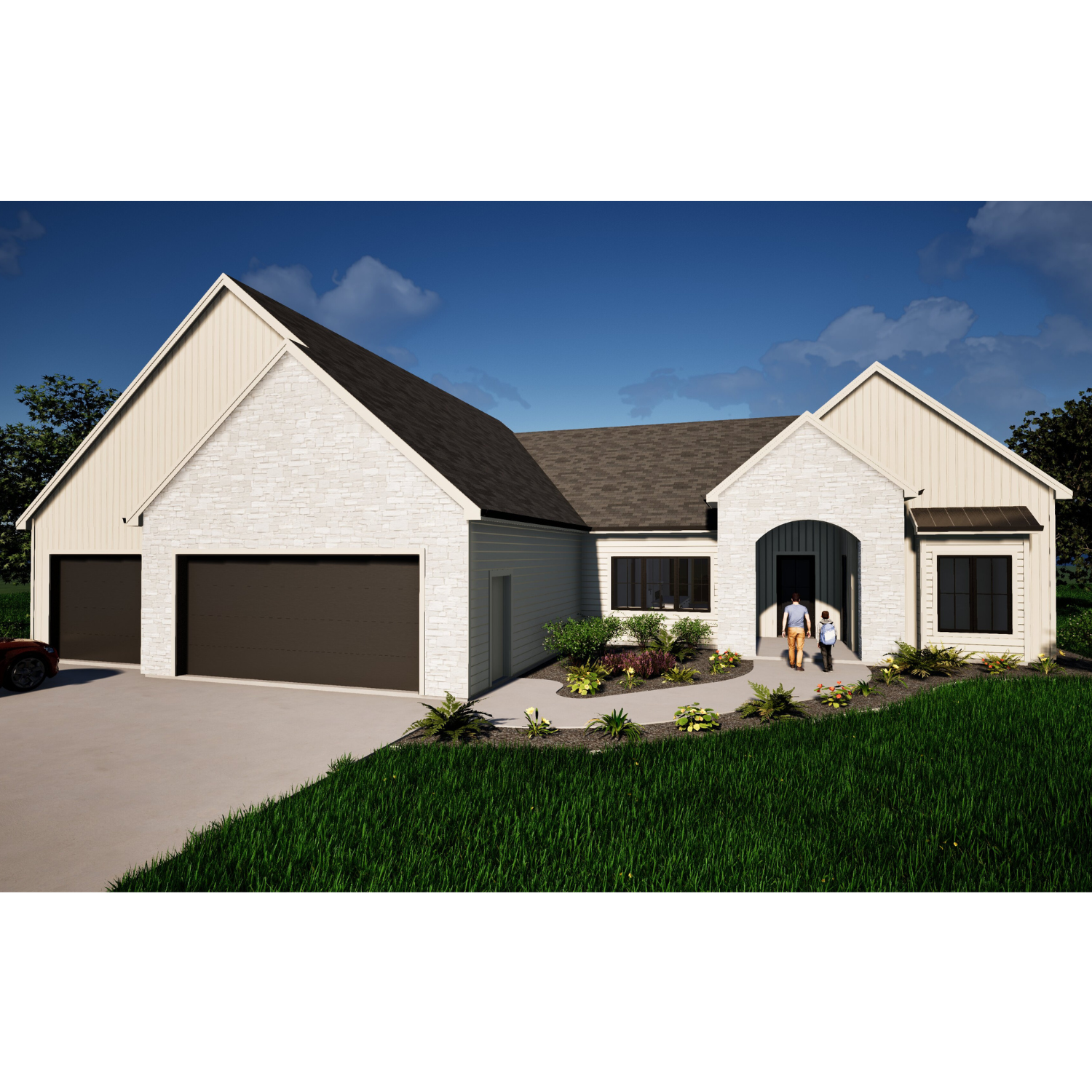 A modern two-story house with a light-colored brick and siding exterior, a dark roof, and a two-car garage. Two people are walking toward the front door, surrounded by landscaped garden beds and green grass.
