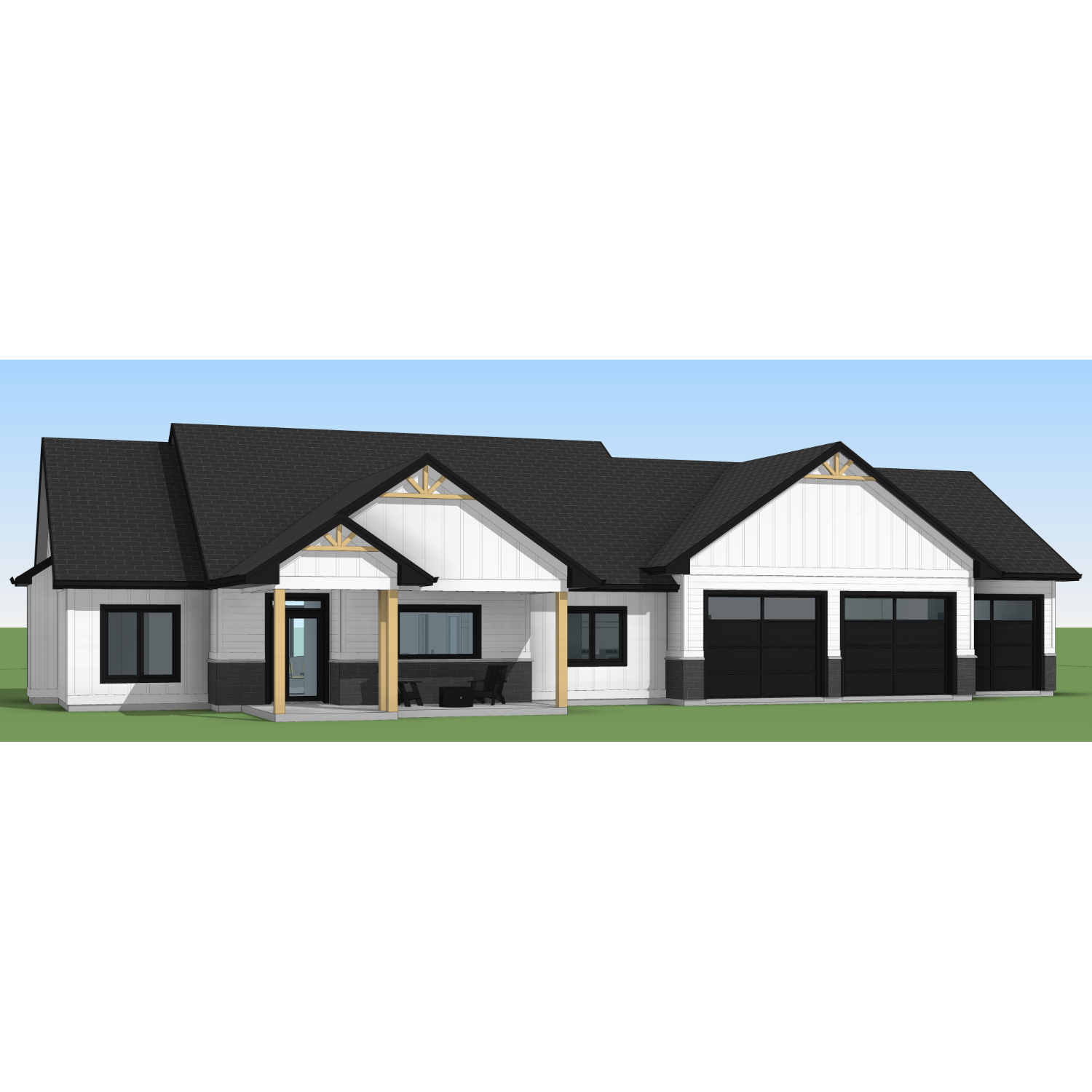 Render of a modern two-story house with a black roof, white exterior walls, black window frames, and a three-car garage. There is a covered porch area with seating.