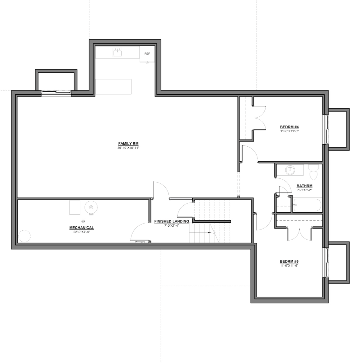 Floor plan of a house showing a family room, kitchen area, mechanical room, two bedrooms, a bathroom, and a finished landing with stairs.