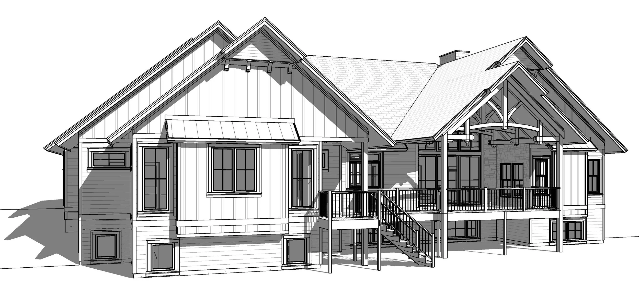 Line drawing of a two-story house with multiple gable roofs, windows, and a balcony with stairs.