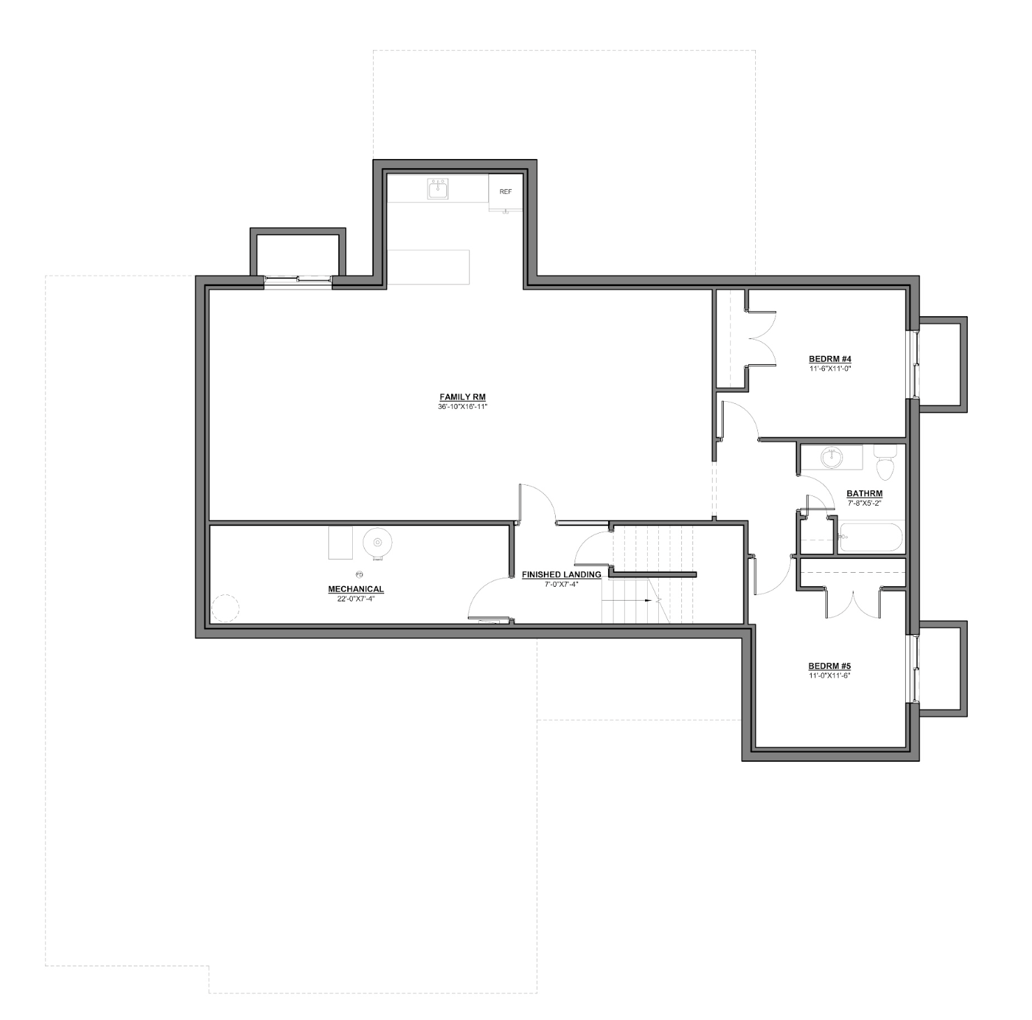 Floor plan of a house showing rooms labeled Family Room, Mechanical, Finished Landing, Bedroom #4, Bedroom #5, Bath Room, with dimensions.