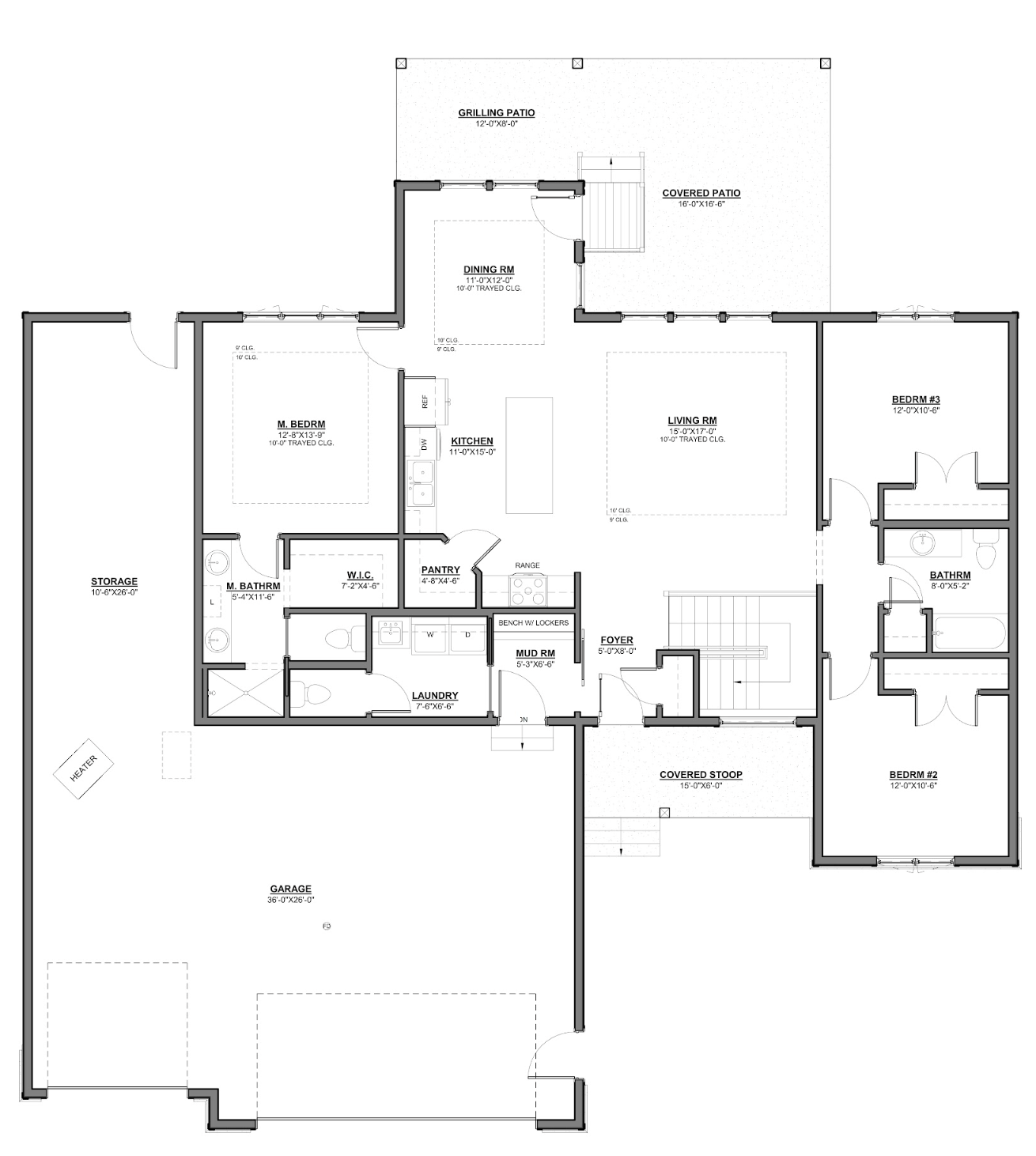 Floor plan of a house with rooms labeled as garage, storage, master bedroom, master bathroom, laundry room, kitchen, dining room, living room, bedroom 2, bedroom 3, bathrooms, foyer, covered stoop, covered patio, grilling patio, and covered patio are