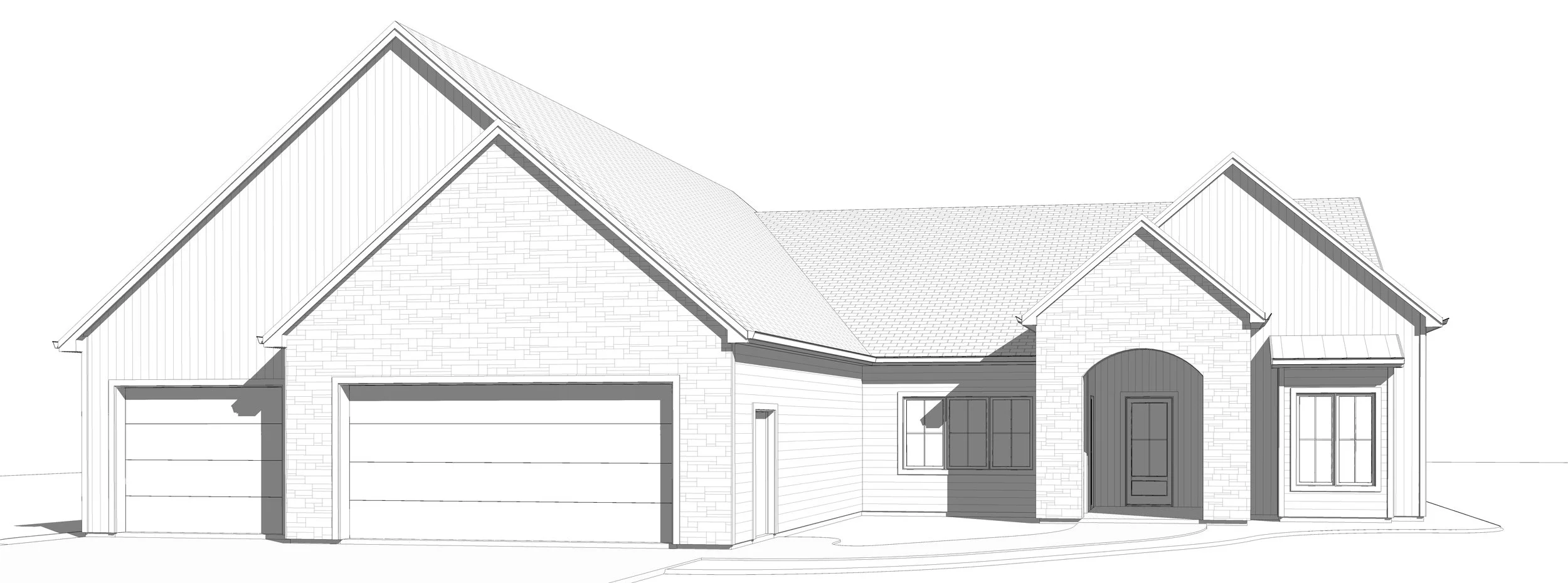 Line drawing of a modern single-family house with two garage doors, a front door, and windows, featuring gabled roofs and brick and siding exterior.