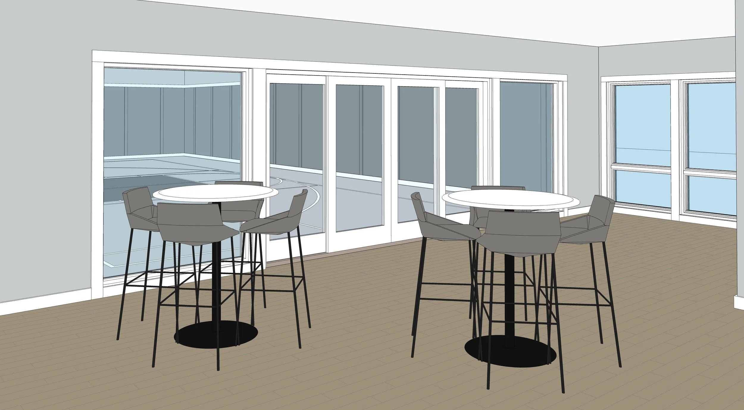 Digital rendering of a dining area with two round tables surrounded by chairs, large glass sliding doors, and windows in a modern interior with light gray walls and wood flooring.