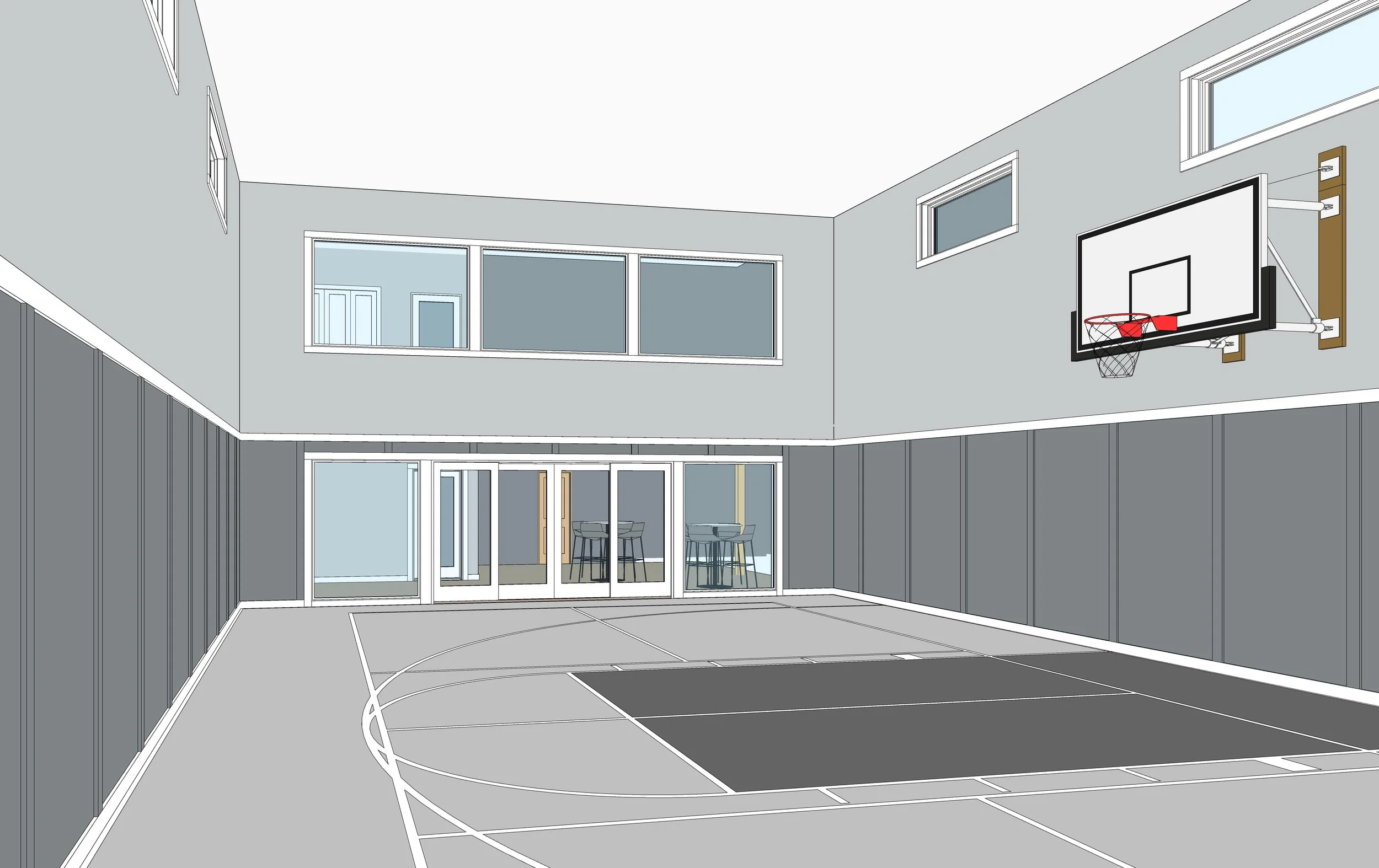 Render of a modern indoor basketball court with a backboard and hoop, glass doors leading to an outside patio with table and chairs, and large windows.