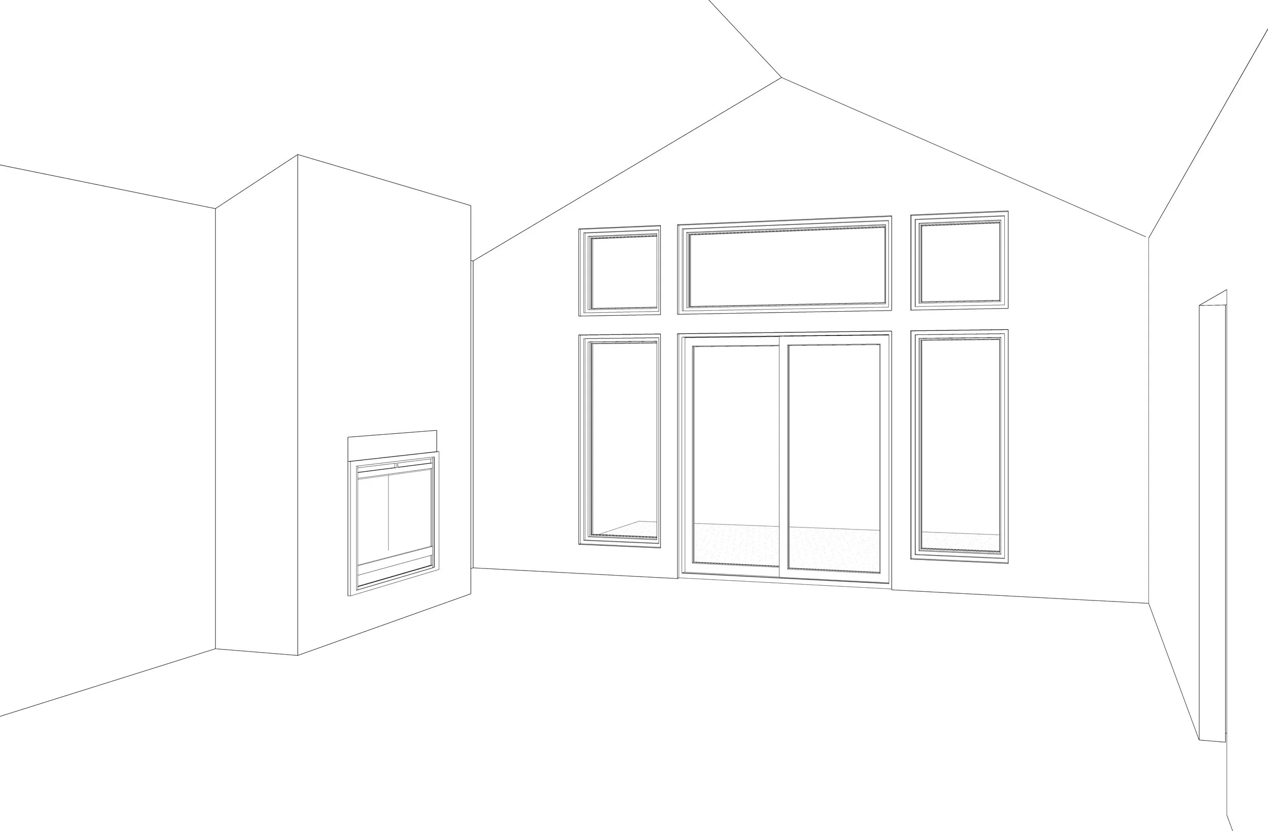 Line drawing of an interior room with large window and door.