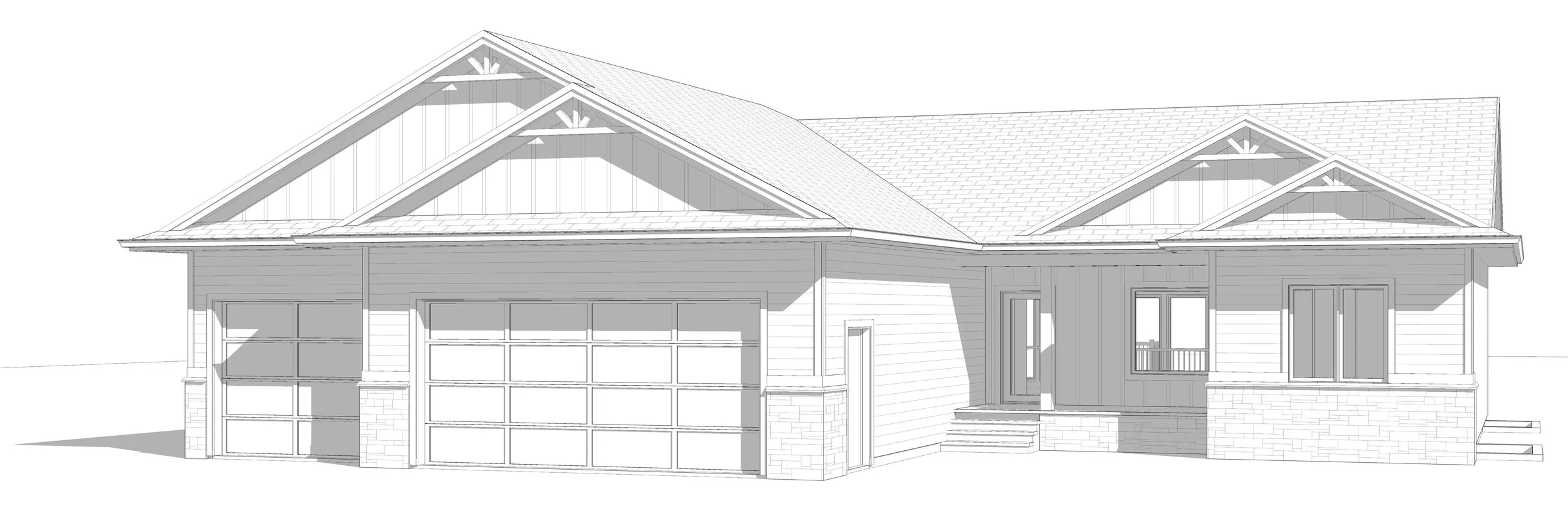 A grayscale illustration of a modern house with a double garage, front porch, and gabled roof.