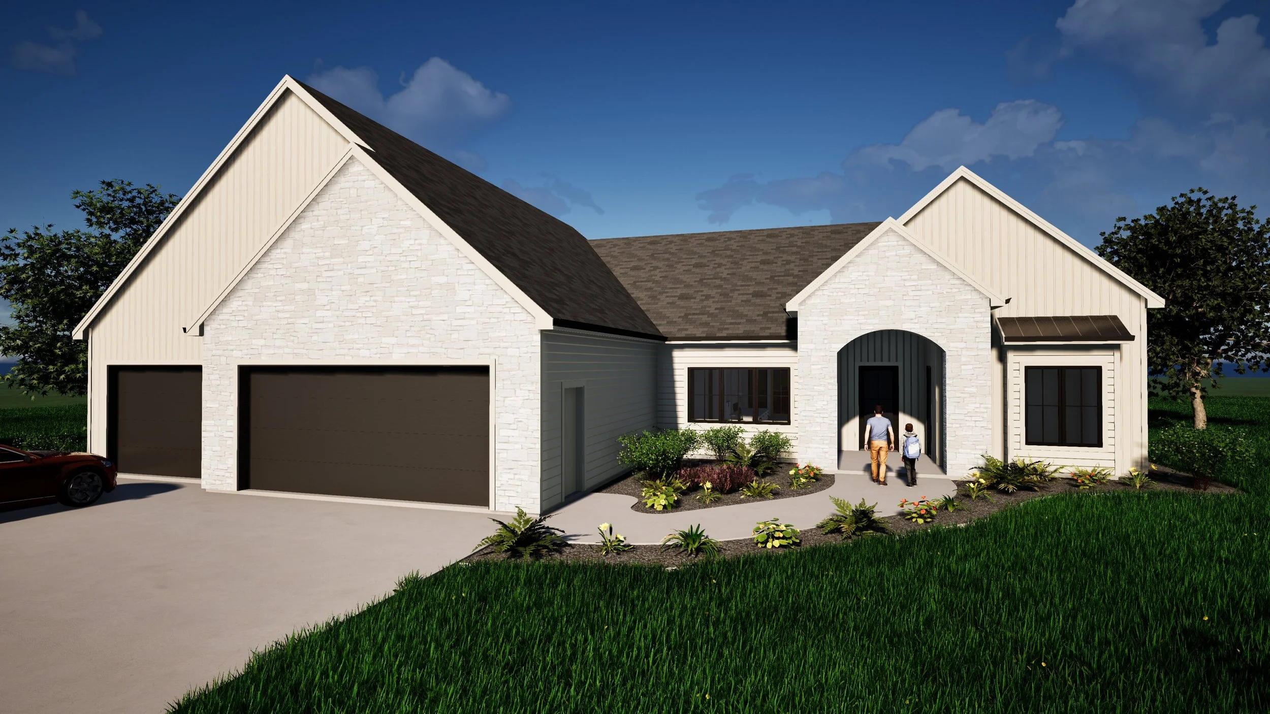 A modern house with a white brick and siding exterior, dark roof, two-car garage, and a small front porch. Two people, a man and a child, are walking toward the entrance. The yard has landscaped plants and a well-maintained lawn, with a tree in the background and a blue sky with clouds.