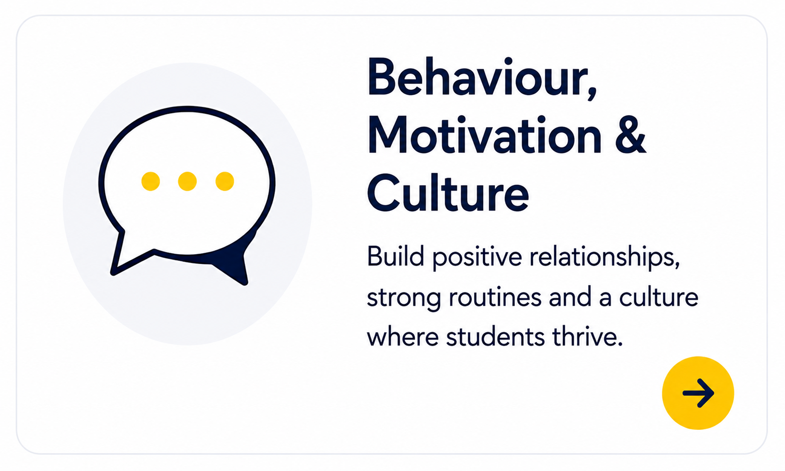 Graphic promoting positive behavior, motivation, and culture, with a speech bubble icon and a yellow arrow button.
