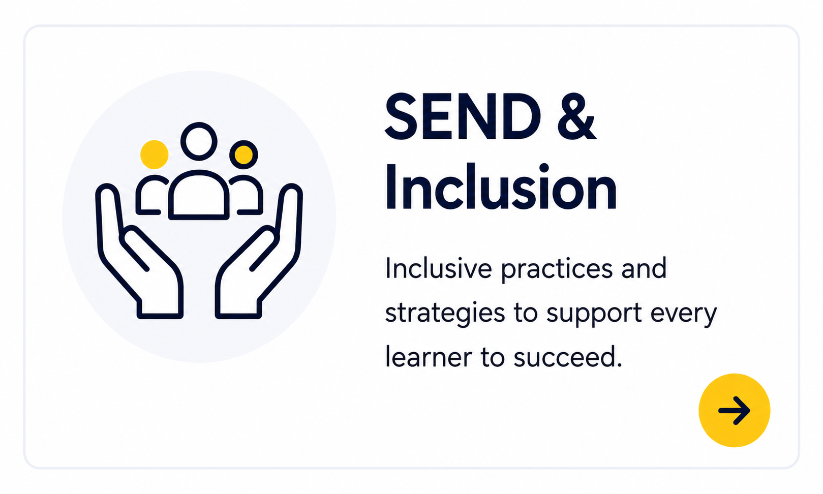 Graphic with a pair of hands holding three human figures, with text about send and inclusion, and a yellow arrow button.