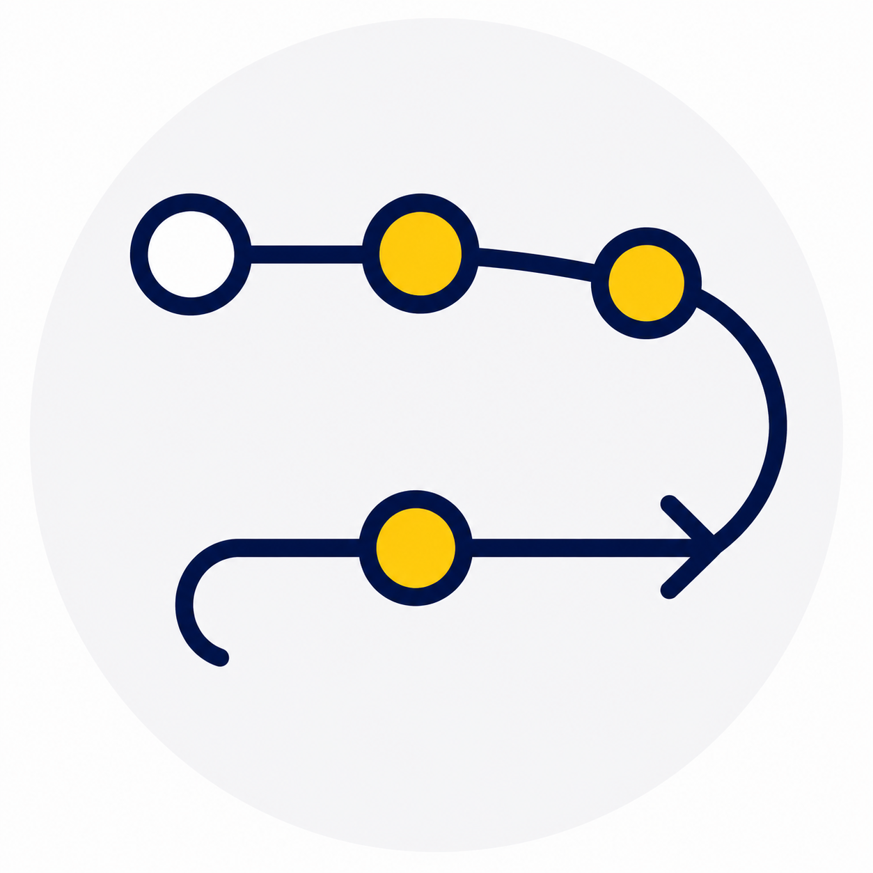 A stylized visual of a project management or workflow diagram with circles connected by lines, some forming an arrow indicating progress or sequence.