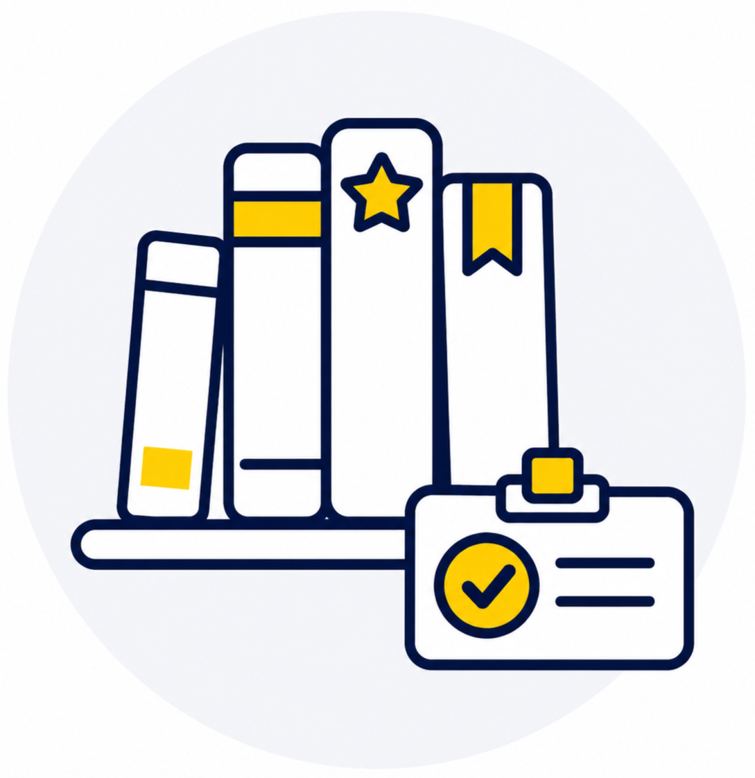Illustration of books on a shelf with bookmarks and a badge with a checkmark.
