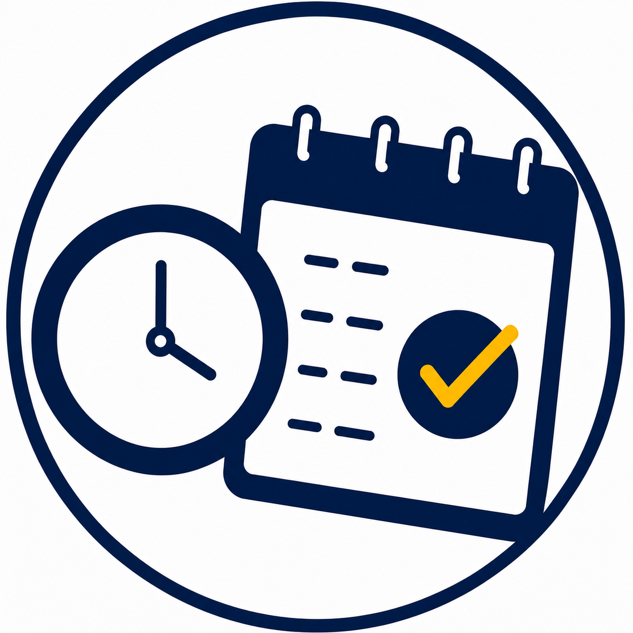 Icon of a clock, a calendar with a check mark, and a dashed line connecting them, representing scheduling or time management.