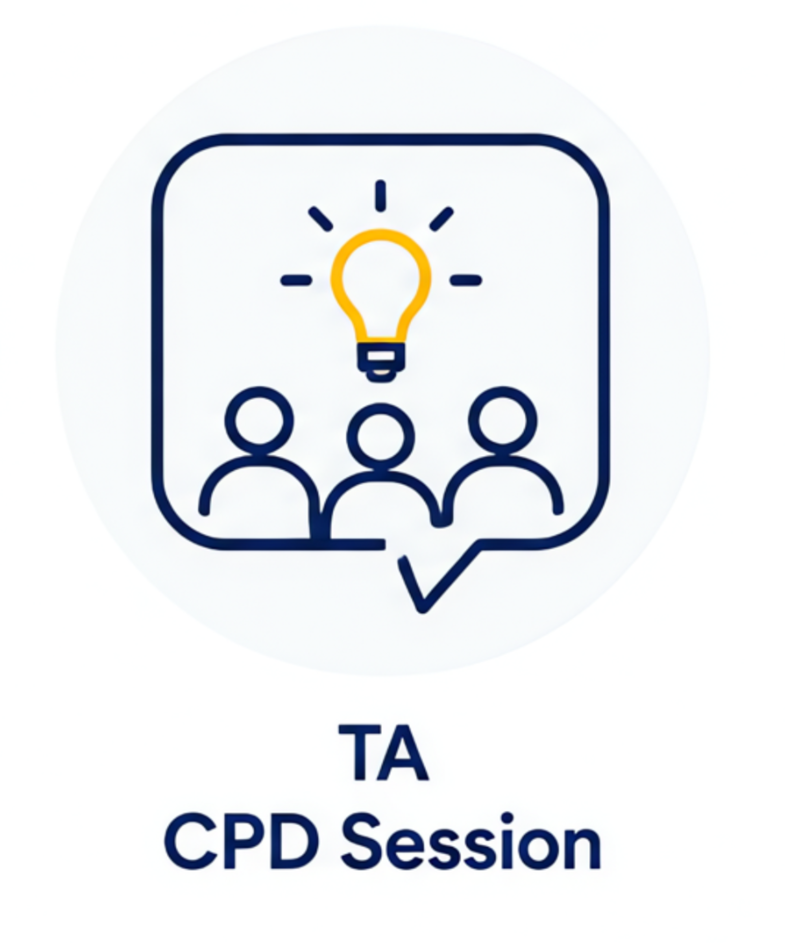 A conference badge for a CPR and AED training session, featuring a speech bubble with a light bulb icon and three silhouettes of people.