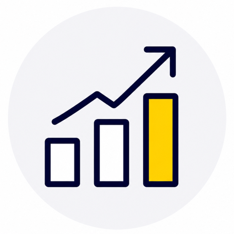 Graph with three ascending bars and an upward trending arrow indicating growth or success.