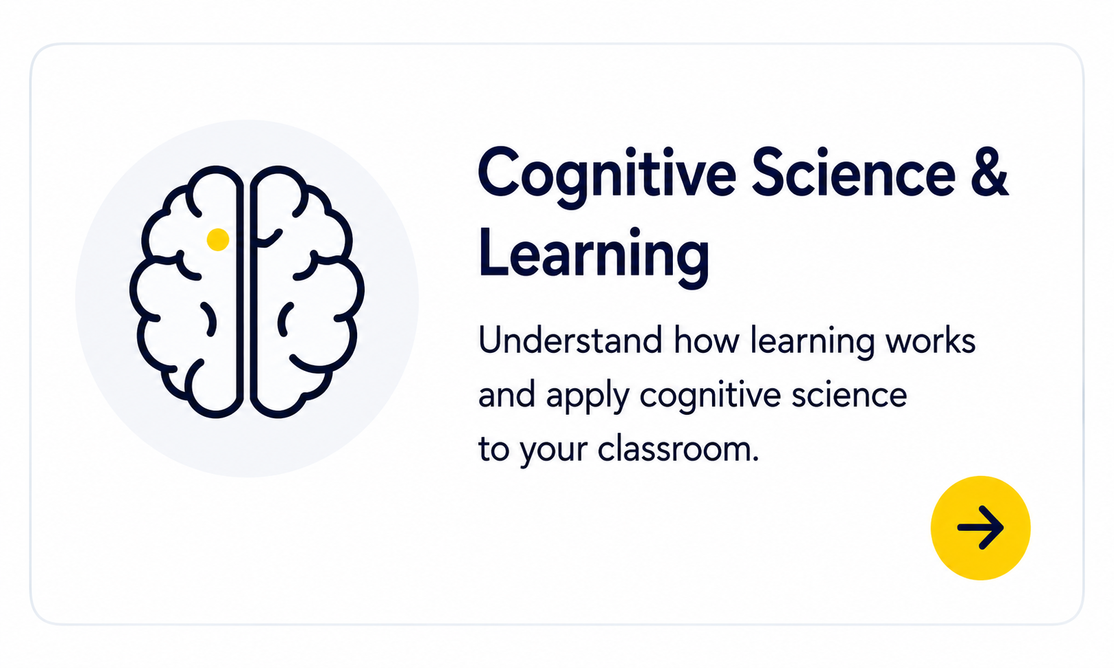 A digital graphic promoting a course on Cognitive Science & Learning, featuring a stylized brain illustration and a yellow arrow button.