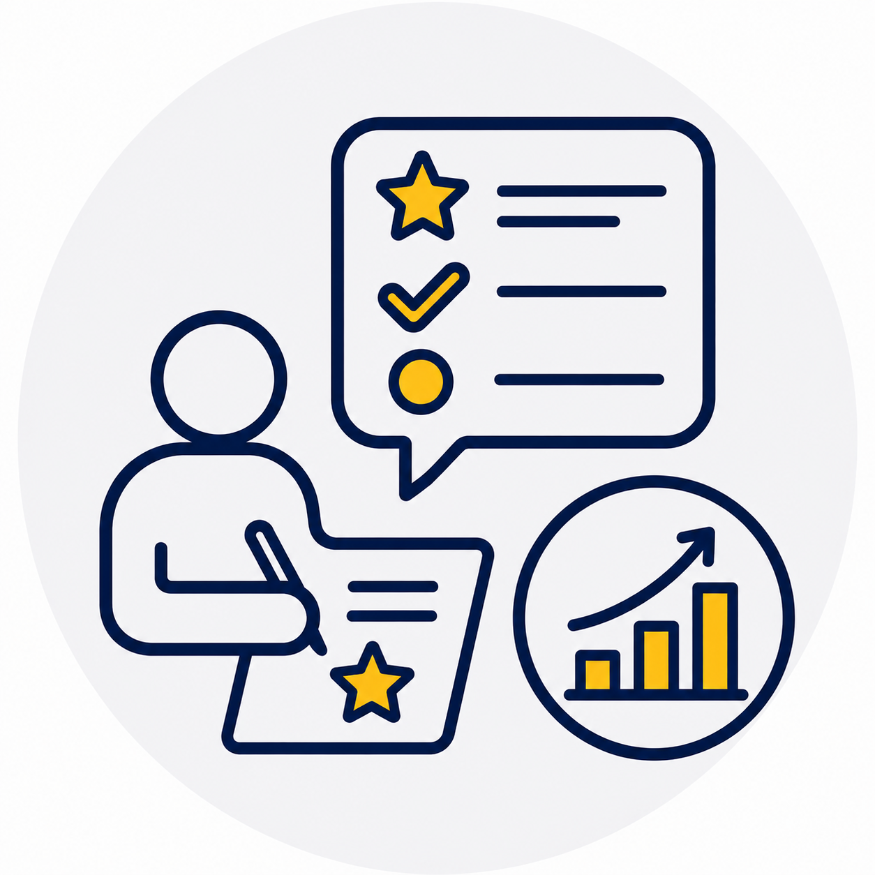 Line drawing of a person with a report showing a star, checkmark, and circle, with a speech bubble, and a circular chart with an upward-trending bar graph.