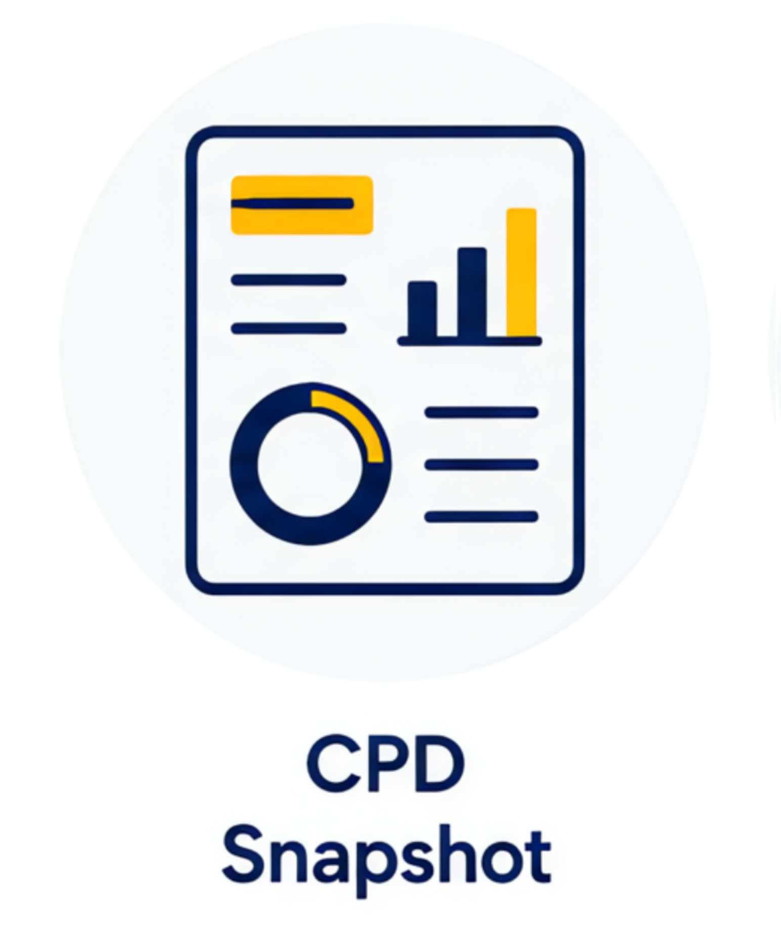 A graphic depicting various data visualization elements including bar graphs, a pie chart, and lines, with the label 'CPD Snapshot' below.