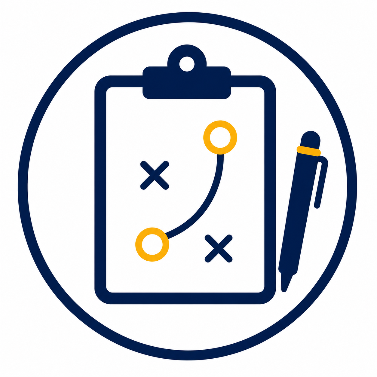 Illustration of a clipboard with a strategic game plan, including X's and O's and a connecting line, next to a pen.
