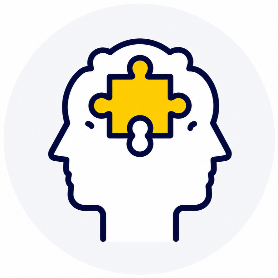Outline of two human heads facing opposite directions with a yellow puzzle piece inside the head at the intersection.
