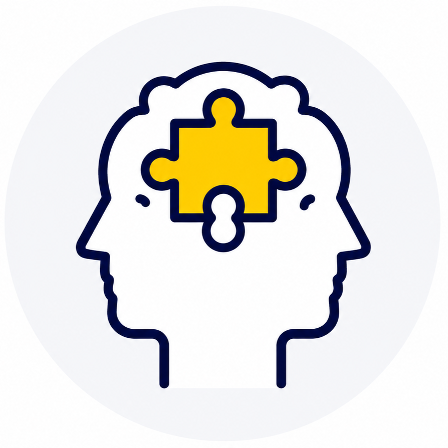 Outline of two human heads facing opposite directions with a yellow puzzle piece inside the brain area of the right head.