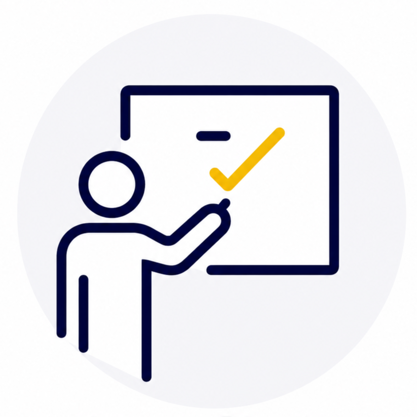 Minimalist icon of a person pointing at a board with a checkmark.