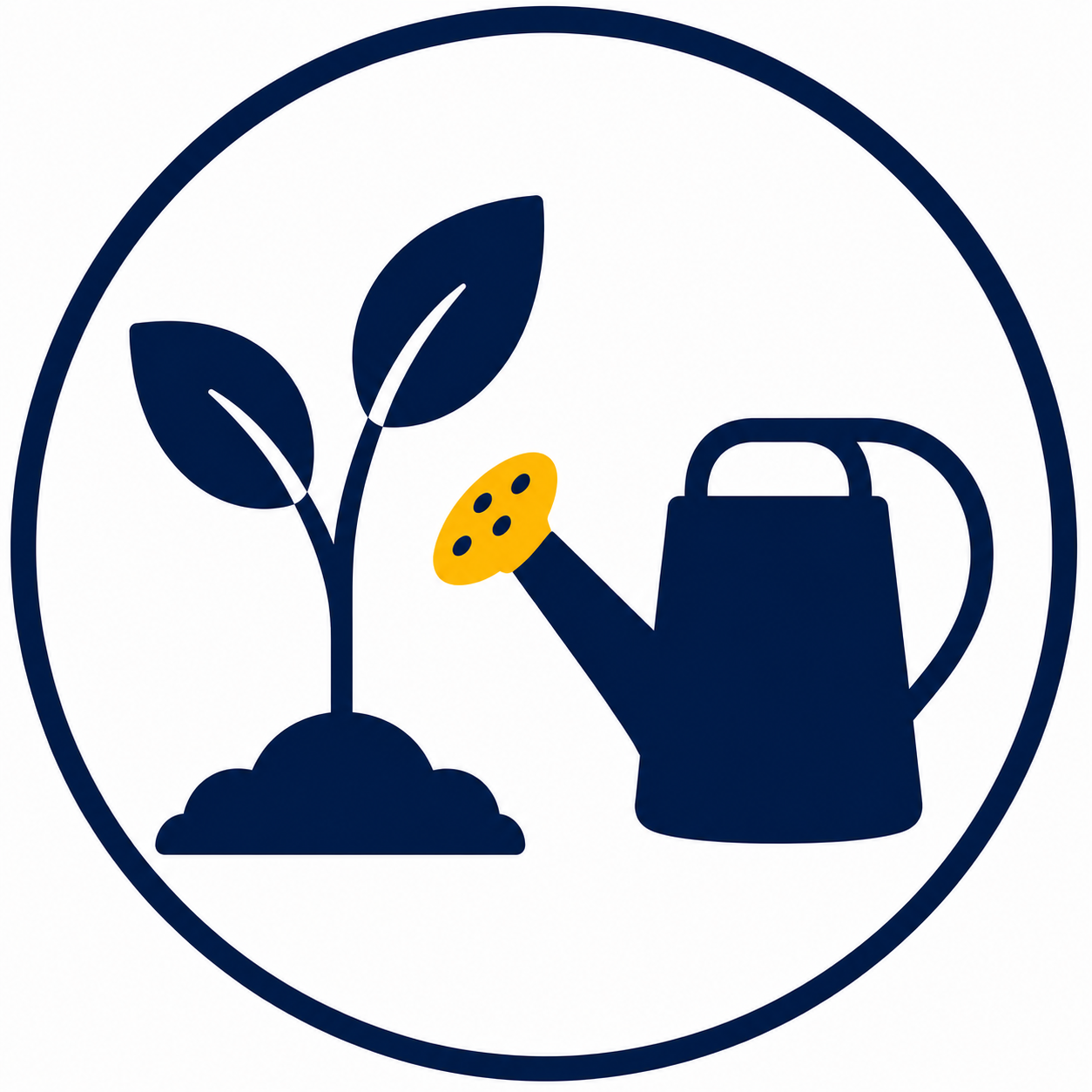 Icon of a blue watering can watering a small plant with two leaves, enclosed in a circular border.