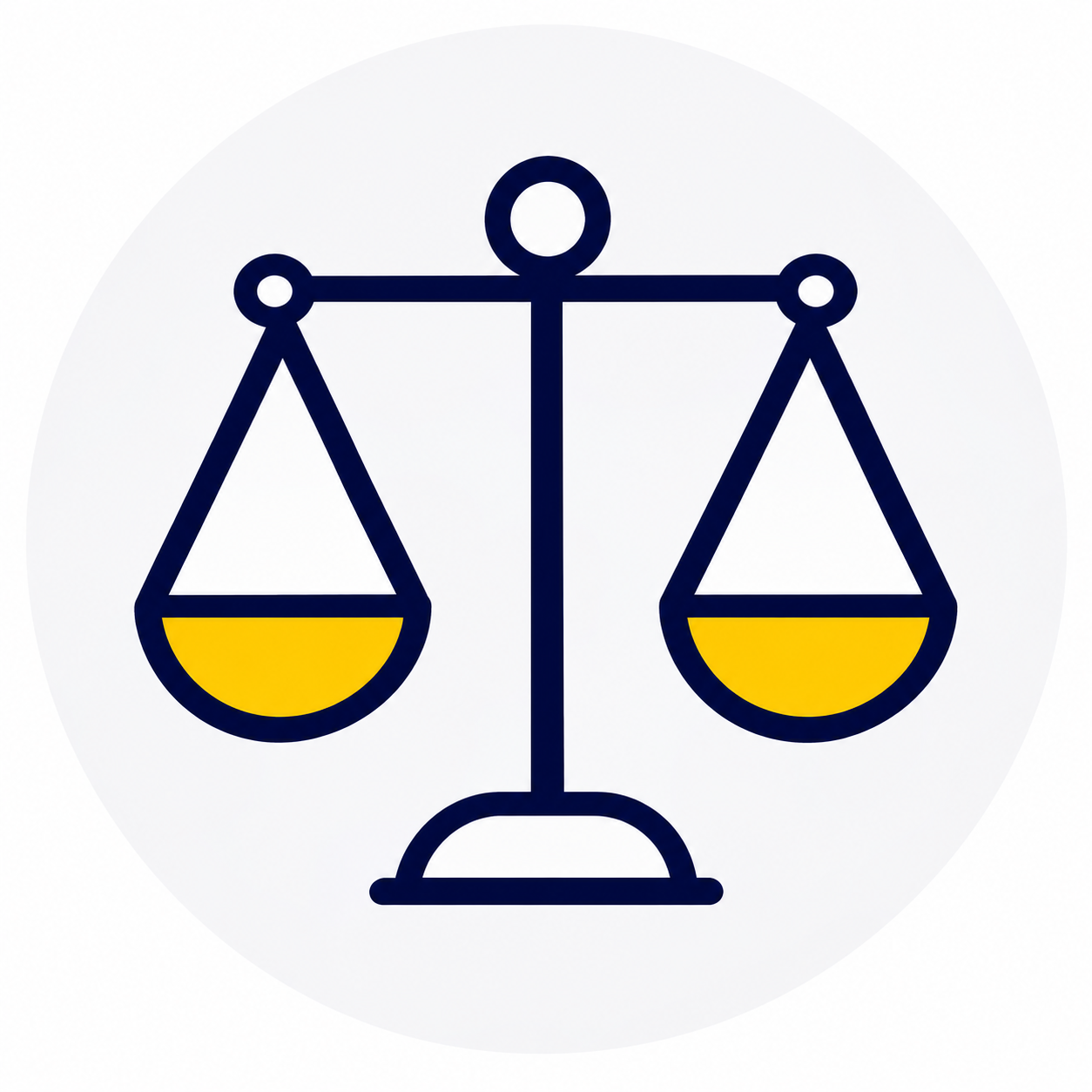 Icon of a balance scale with yellow-filled pans, representing justice or law.