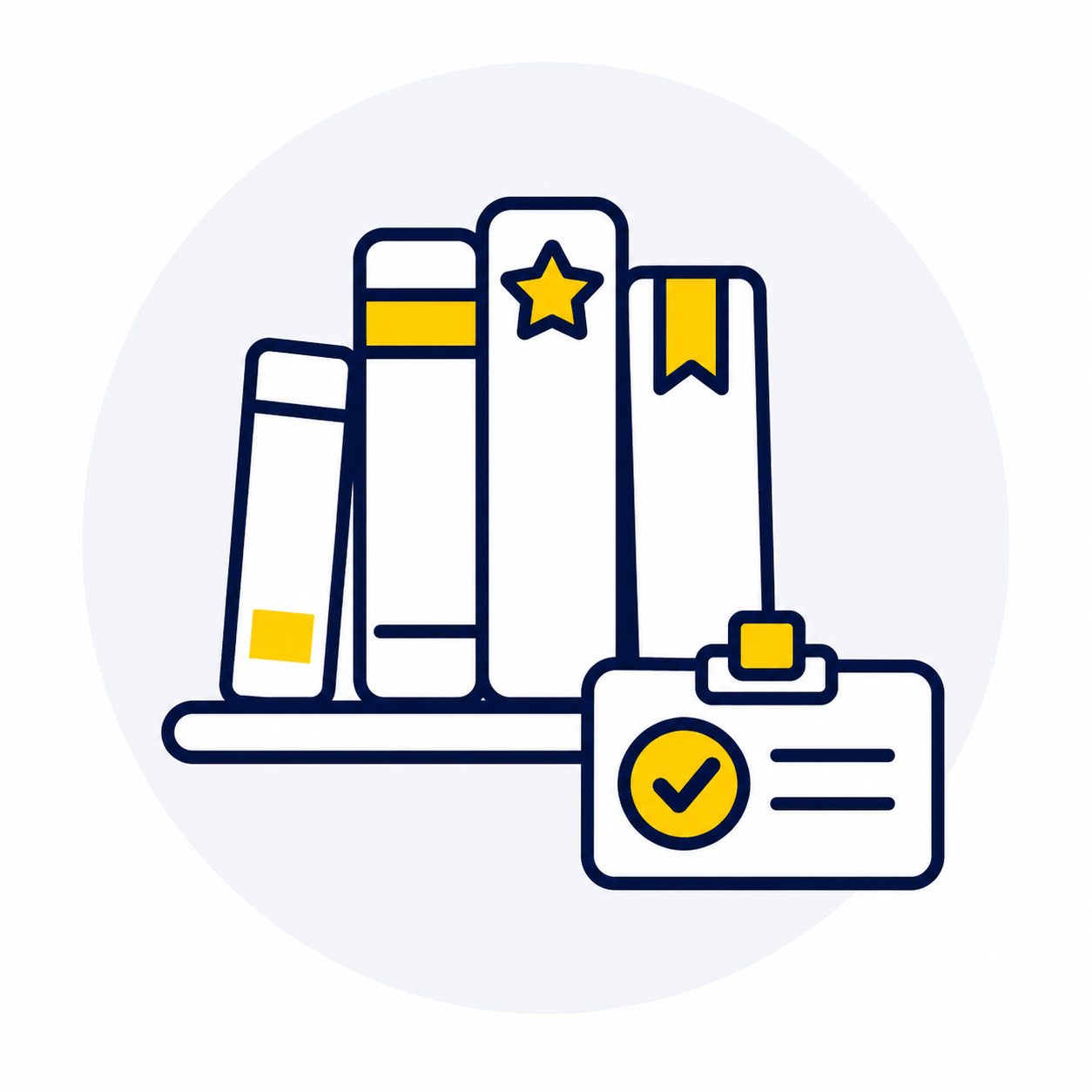 Outline drawing of a bookshelf with five books, some with labels or bookmarks, and a badge with a checkmark in front.