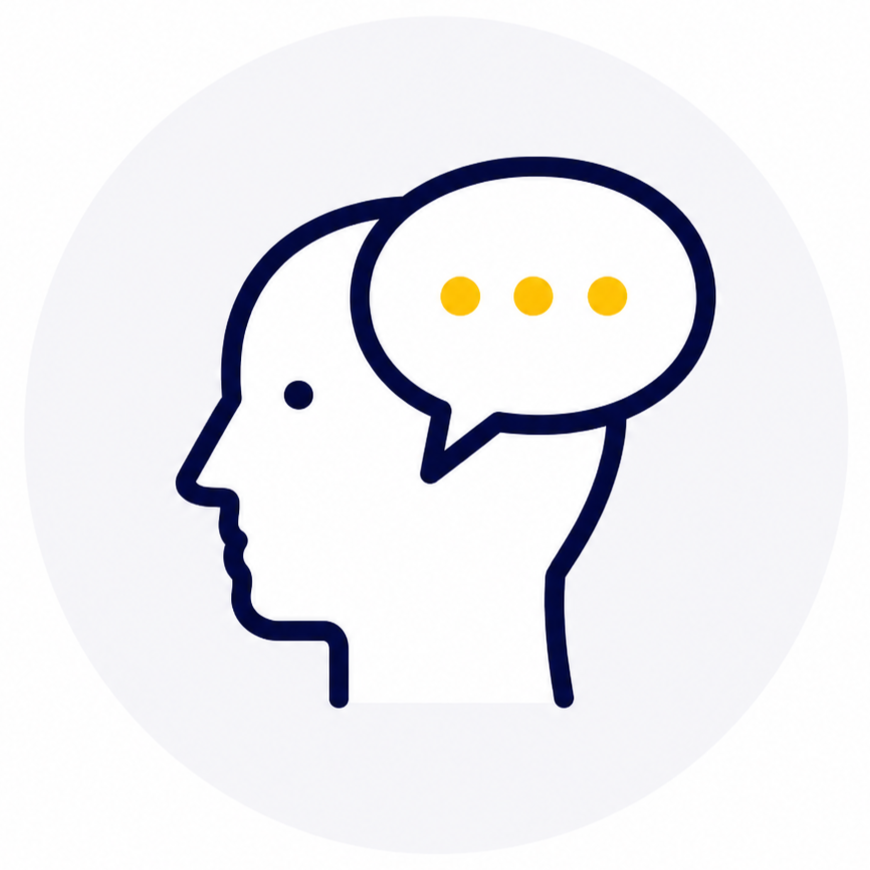 Line drawing of a human head in profile with a speech bubble containing three yellow dots.