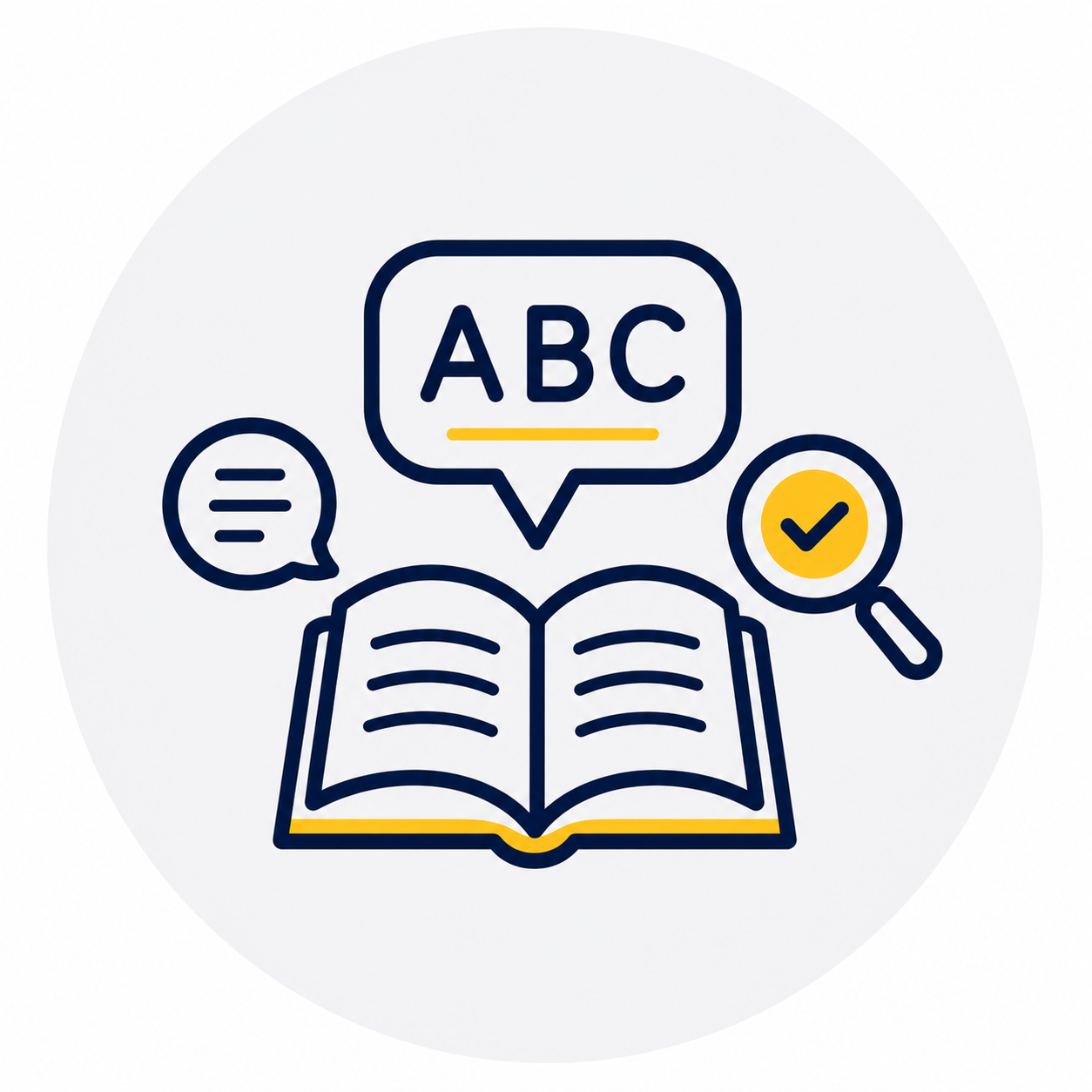Outline illustration of an open book with speech bubbles, a magnifying glass with a checkmark, and a speech bubble with 'ABC' in it, representing learning or language study.