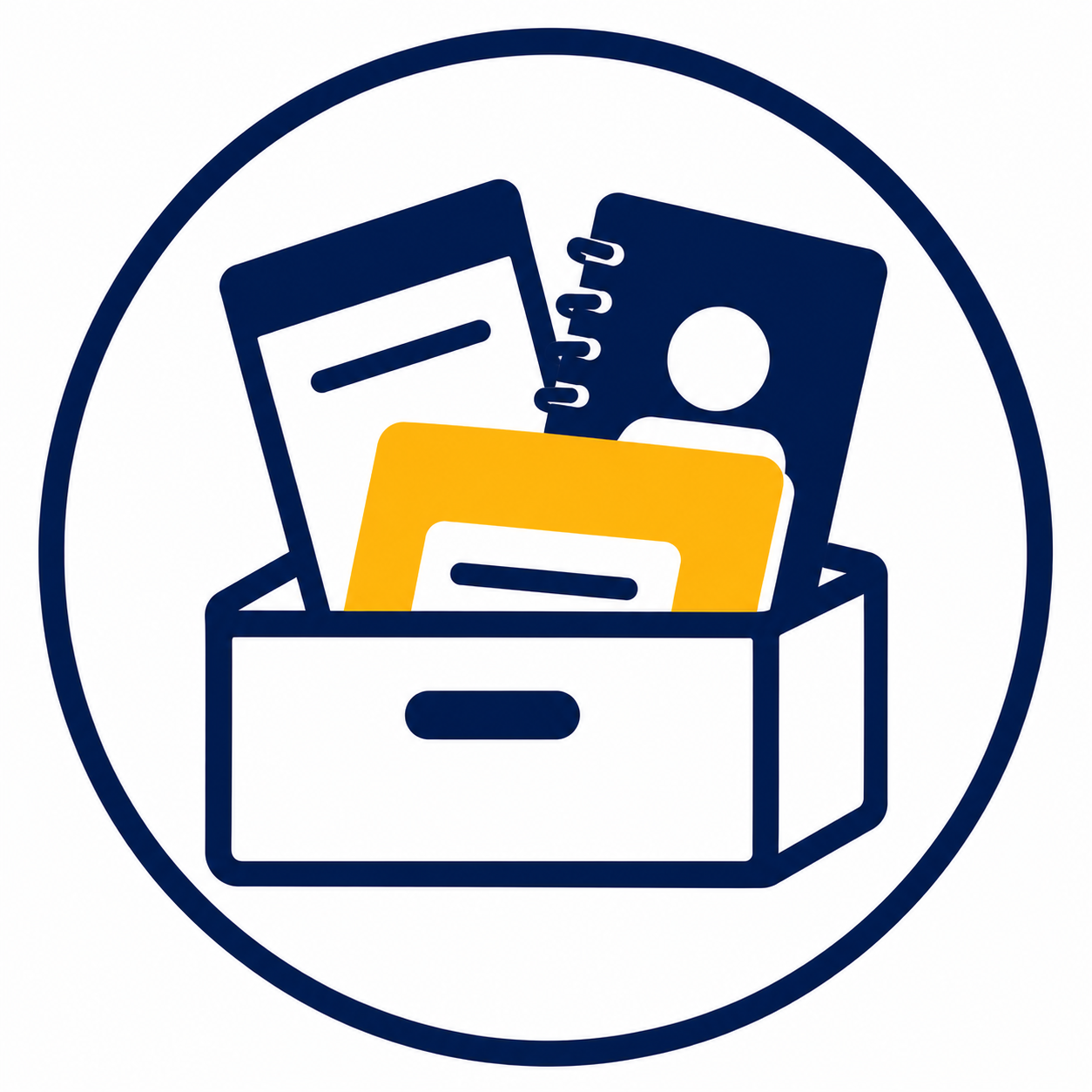 An illustration of a box filled with folders, notebooks, and documents in navy blue, yellow, and white colors, surrounded by a navy blue circle.