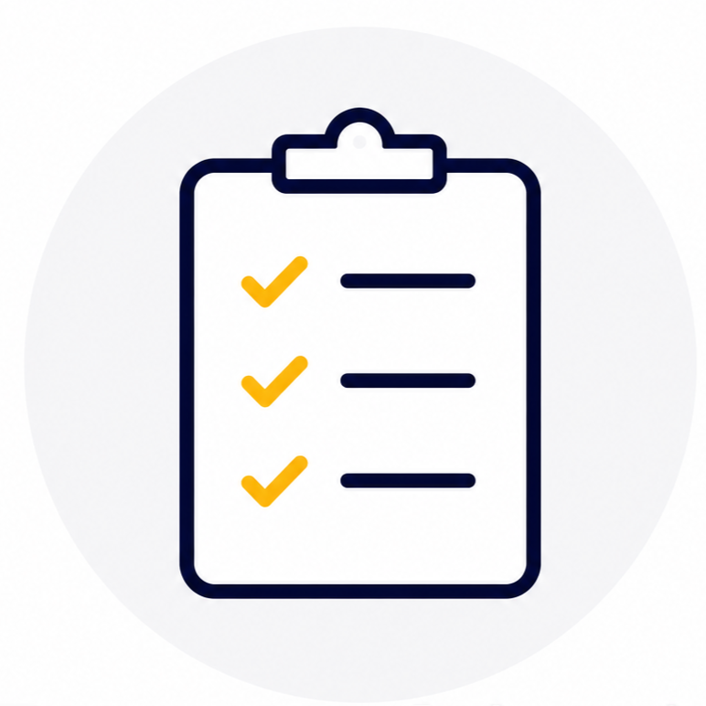 Icon of a clipboard with three checkmarks next to checklist items.