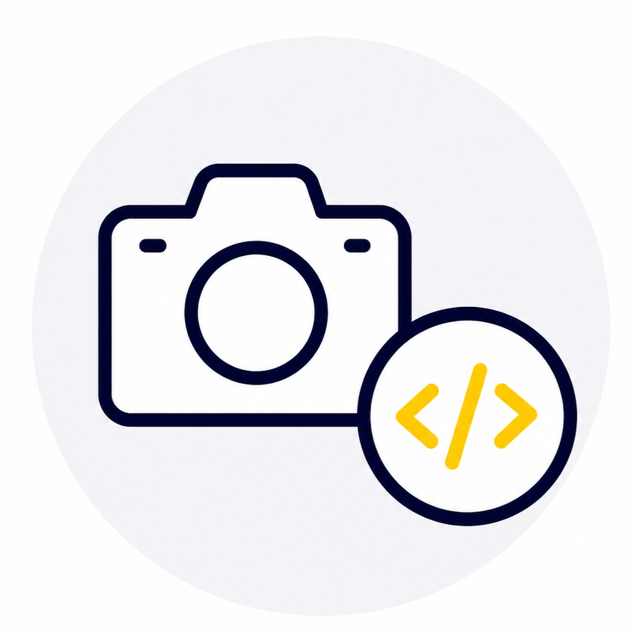 Icon of a camera with a code symbol in a circle, representing photography and coding or digital development.