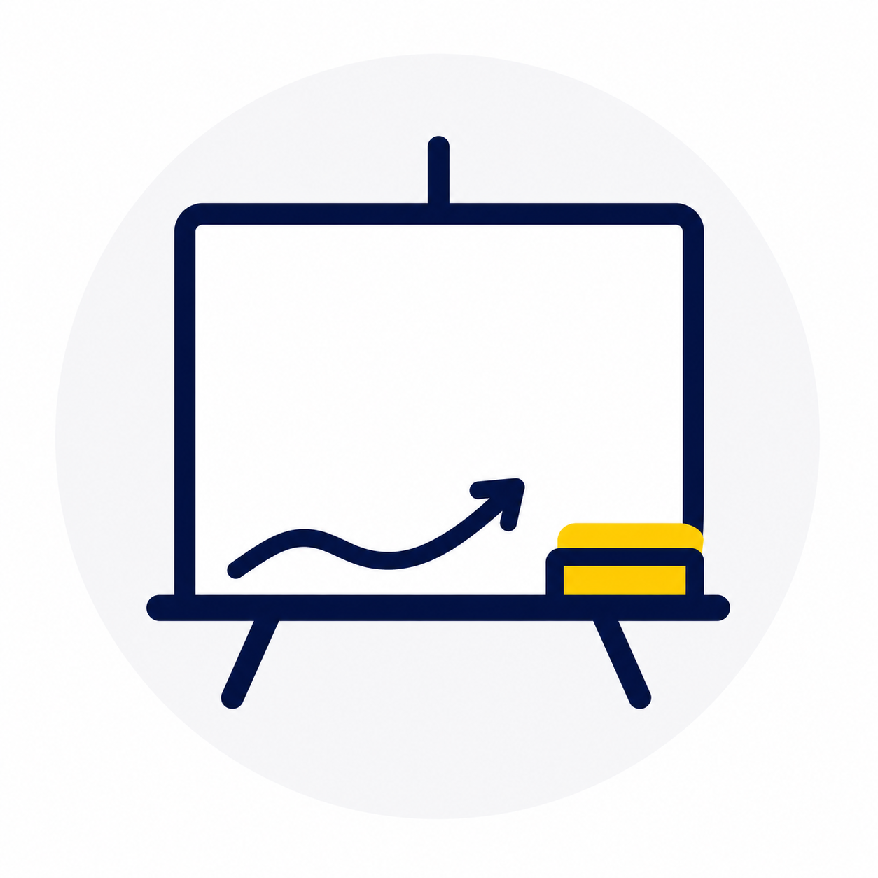 A presentation board with a growth arrow and a stack of yellow books or blocks.