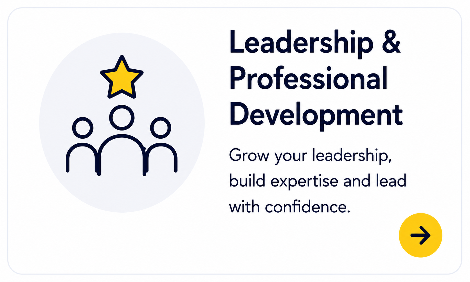 Graphic of three people and a star above, with text promoting leadership and professional development and a yellow arrow button.