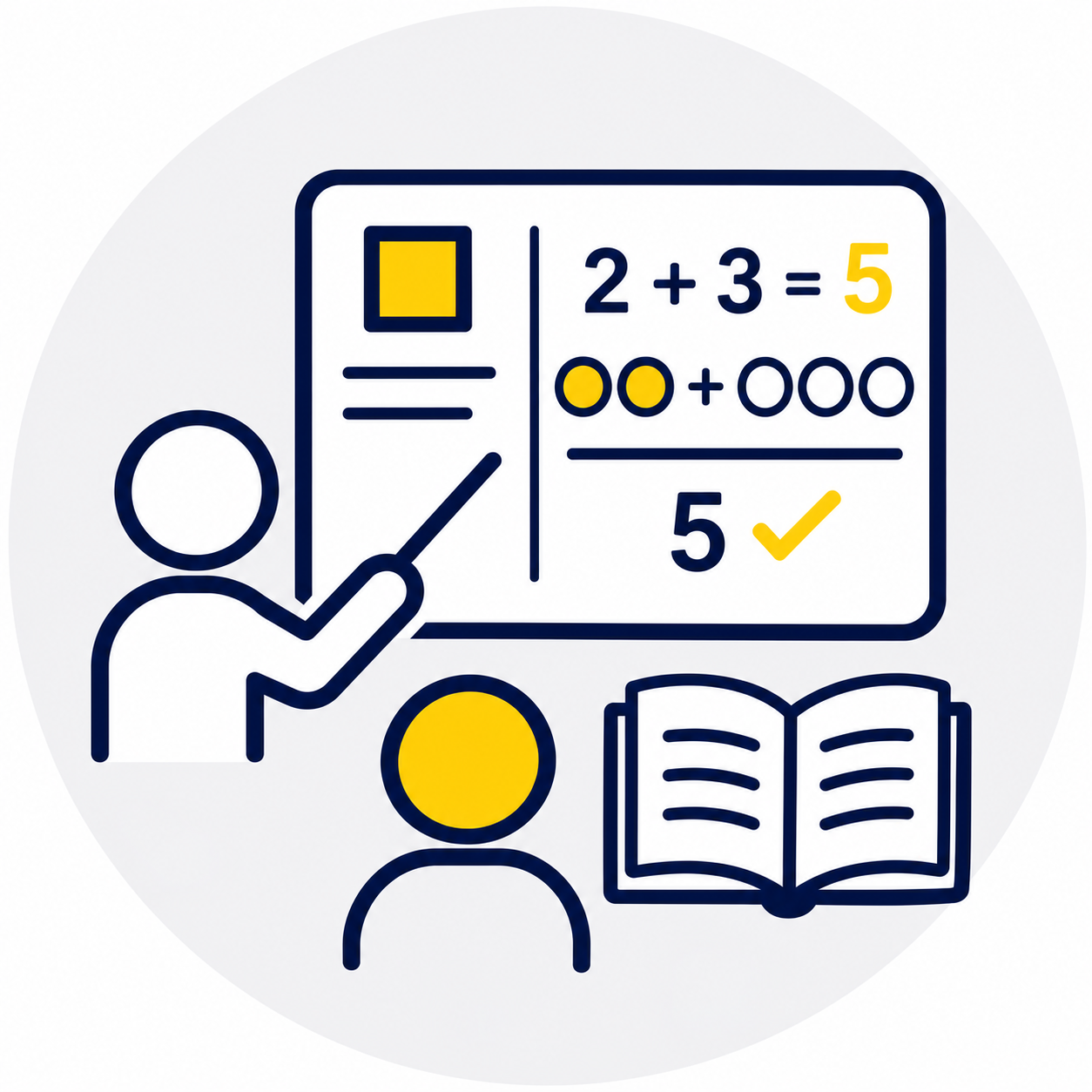 Illustration of a teacher pointing at a math problem on a whiteboard, with a student observing, an open book, and a yellow circle icon.