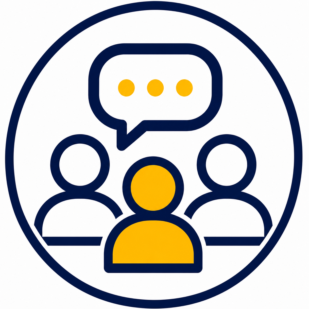 Icon of three people and a speech bubble with three yellow dots, representing communication or conversation.