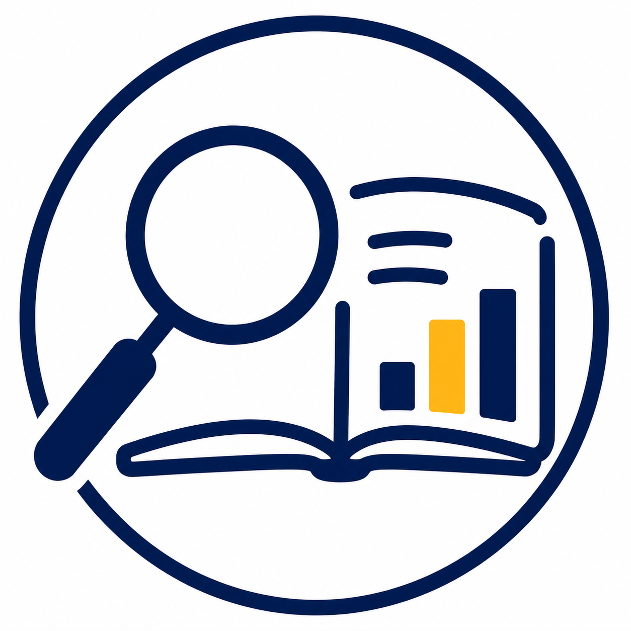 Icon of a magnifying glass over an open book with bar chart on the page, representing data analysis or research.