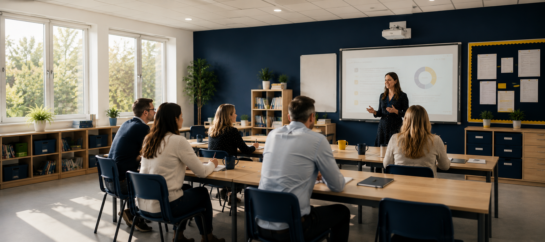 A woman giving a presentation to a group of five people in a bright, modern classroom or conference room with large windows, white walls, and whiteboards at the front.