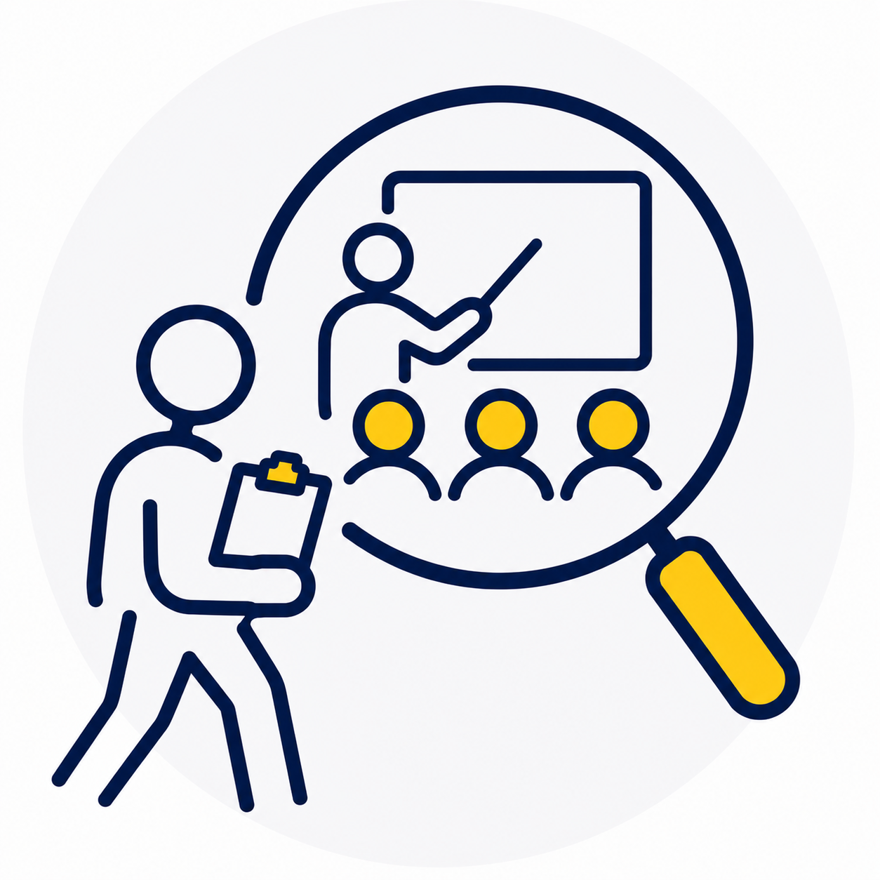 Line drawing of a person holding a clipboard, a magnifying glass, and a group of people with a teacher pointing at a presentation board, with a large magnifying glass emphasizing the scene.