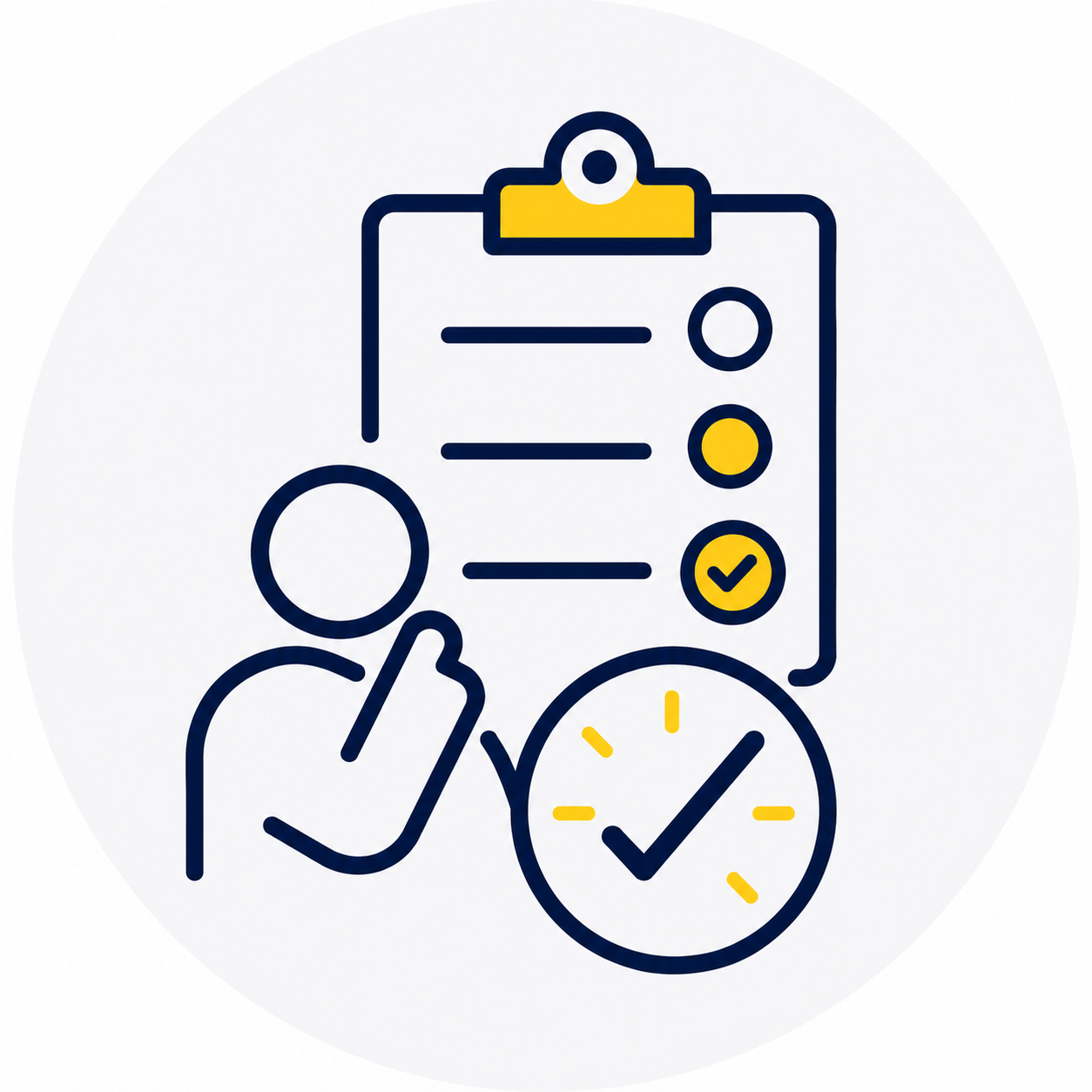 A person pointing to a checklist on a clipboard with three circled items, one of which is checked, and a clock showing time, indicating task management or time management.