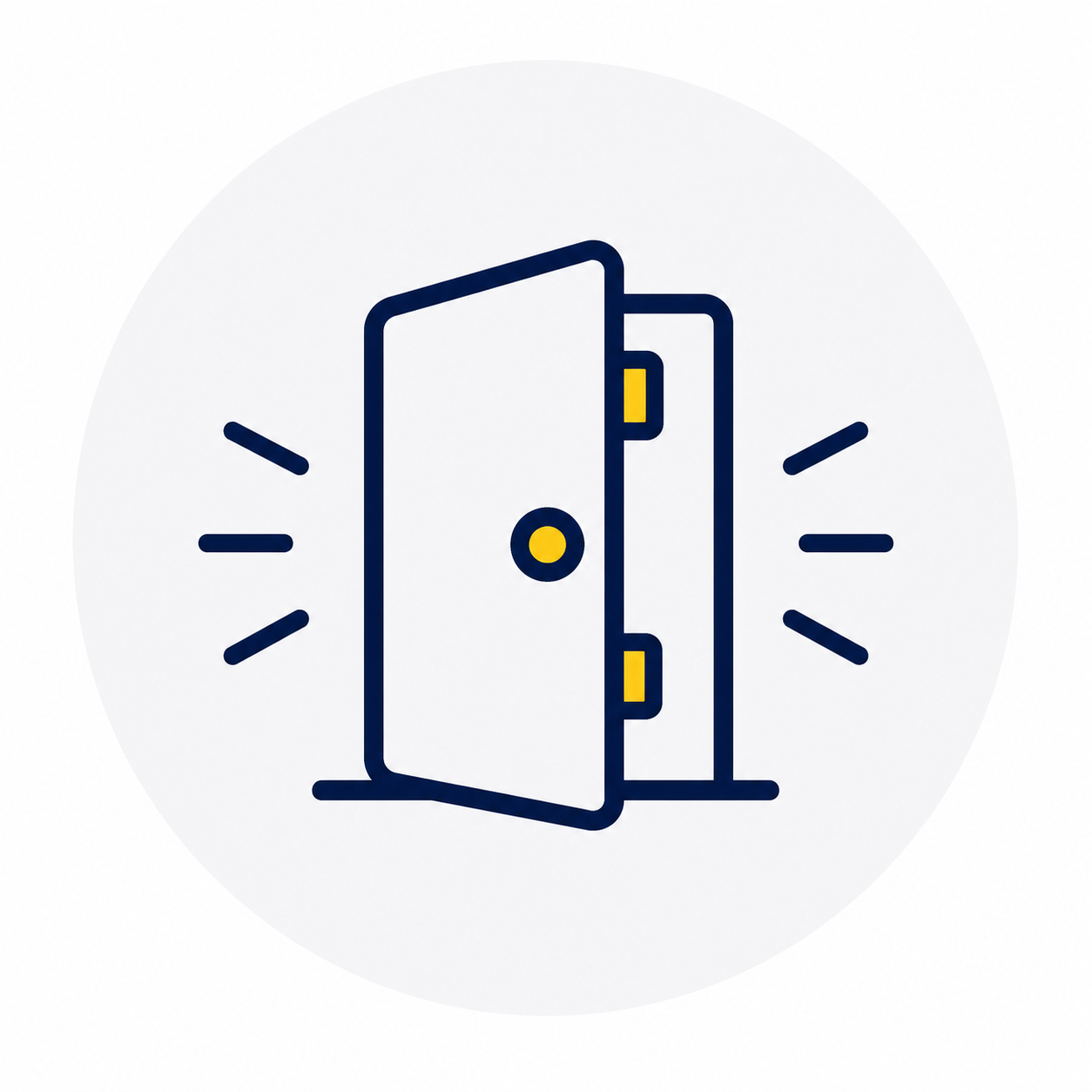 Icon of a door opening with lines indicating motion or emphasis, outlined in blue with yellow accents.