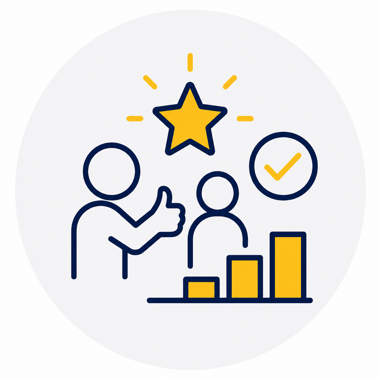 Line drawing of a person giving a thumbs-up, another person with a neutral expression, a bar graph with yellow bars, a circle with a yellow checkbox, and a yellow star with rays, all representing achievement or success.
