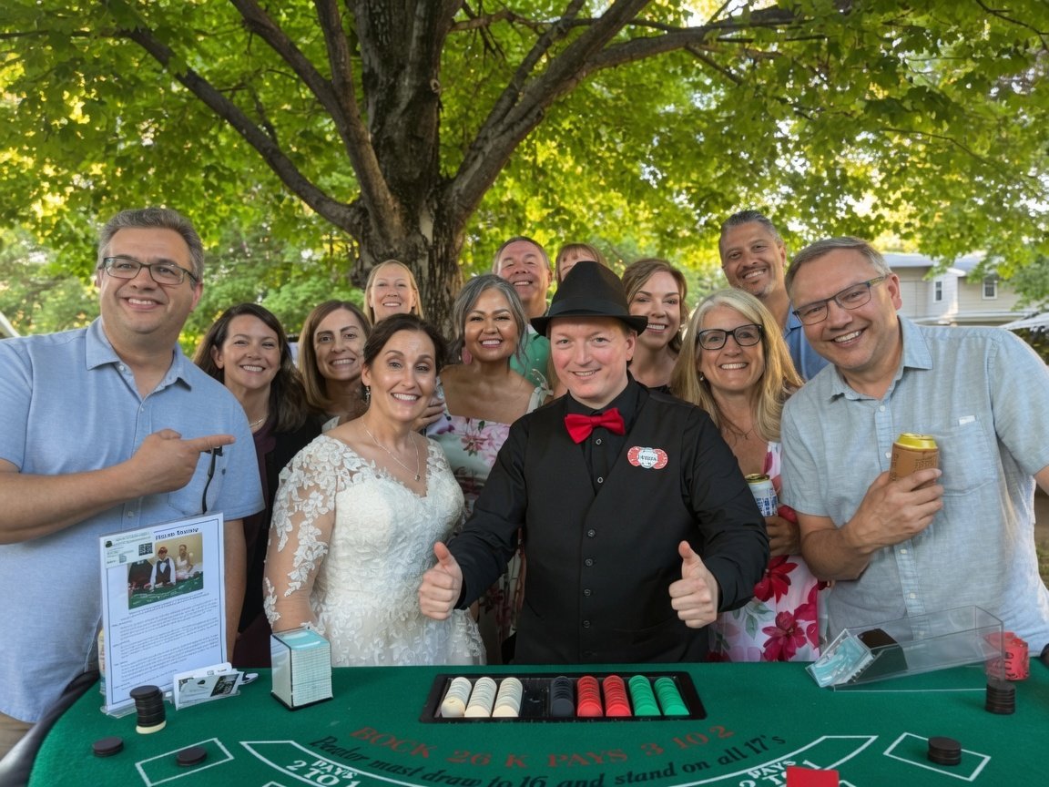 Group of people at a casino table outdoors with a large tree in the background, smiling and enjoying a gaming event.