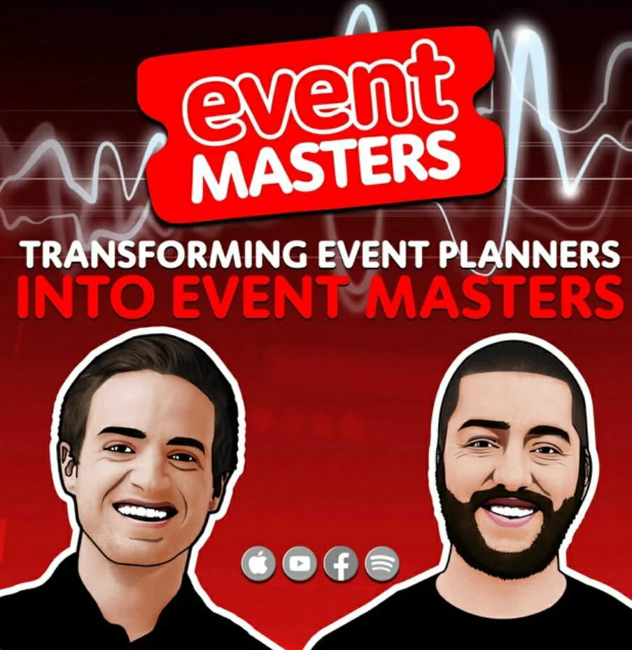 Graphic promoting the 'Event Masters' program with the slogan 'Transforming Event Planners Into Event Masters'. It features two smiling male hosts and icons for Apple, YouTube, Facebook, and Spotify, all set against a red and black background with wave patterns.