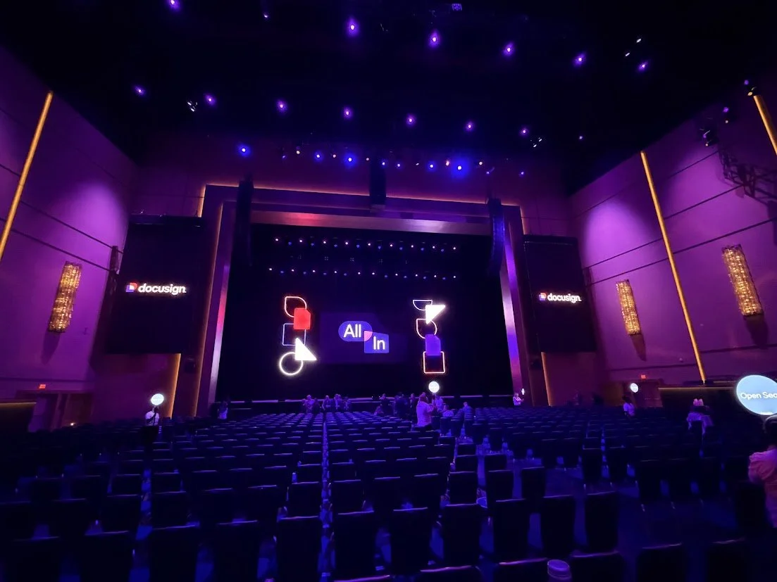 Main stage setup for DocuSign's FY27 Global Kickoff at Fontainebleau Las Vegas, showcasing executive event production, show calling, and conference production services.